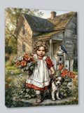Wandbild Vintage Mädchen 3 mit Hund und Blumen Kunstdruck auf Leinwand | Wandbild Galerie