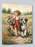 Wandbild Vintage Mädchen 2 mit Hund und Blumen Kunstdruck auf Leinwand | Wandbild Galerie