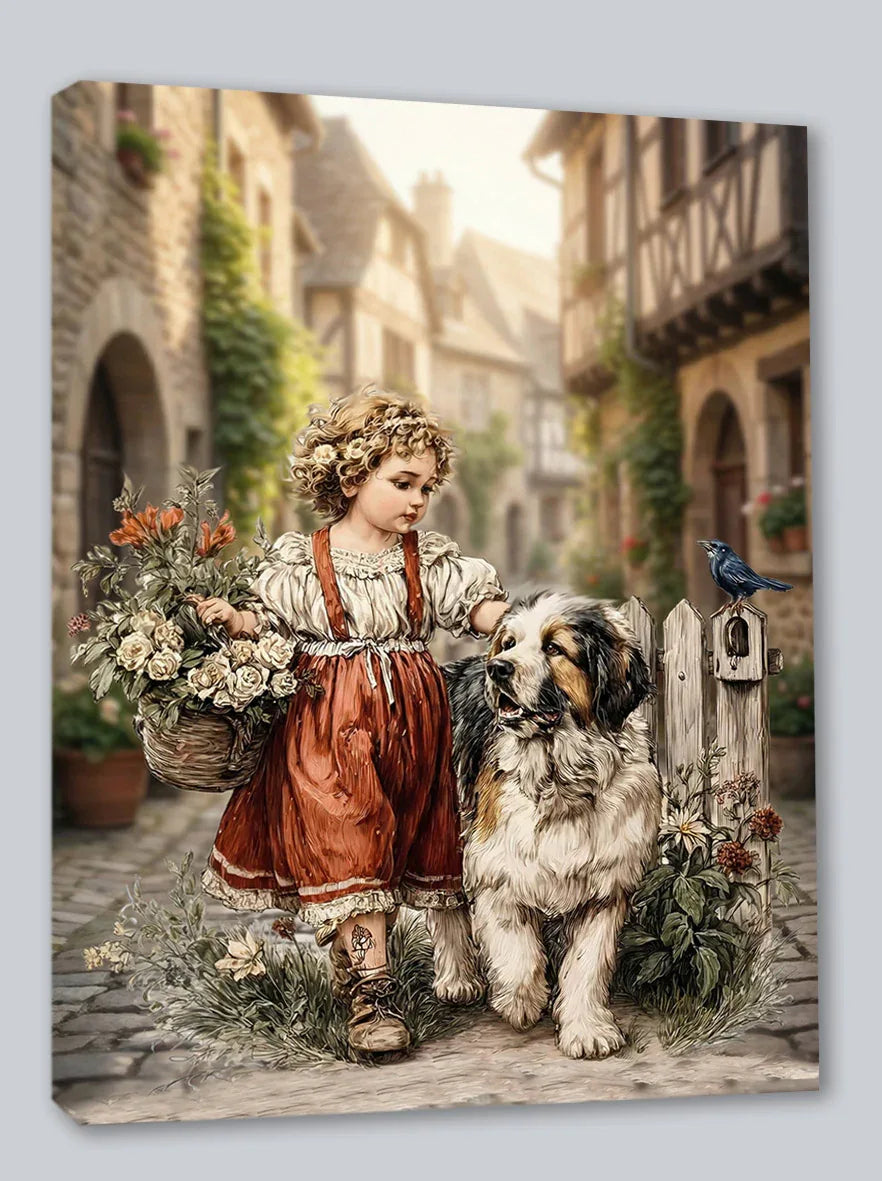 Wandbild Vintage Mädchen 1 mit Hund und Blumen Kunstdruck auf Leinwand | Wandbild Galerie