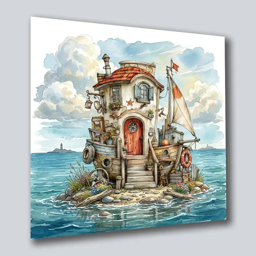 Hausboot Karikatur 7 Wandbild Kunstdruck auf Leinwand | Wandbild Galerie