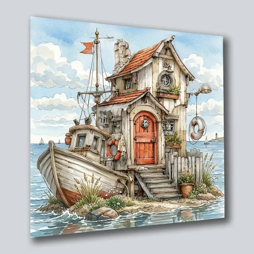 Hausboot Karikatur 6 Wandbild Kunstdruck auf Leinwand | Wandbild Galerie