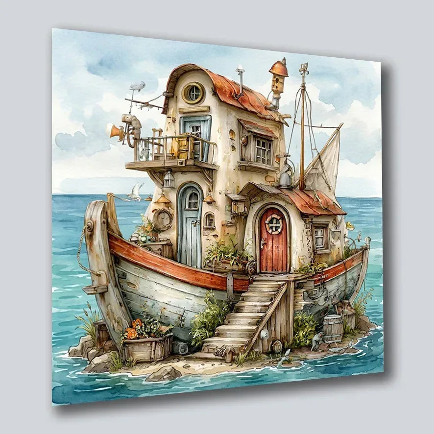 Hausboot Karikatur 4 Wandbild Kunstdruck auf Leinwand | Wandbild Galerie