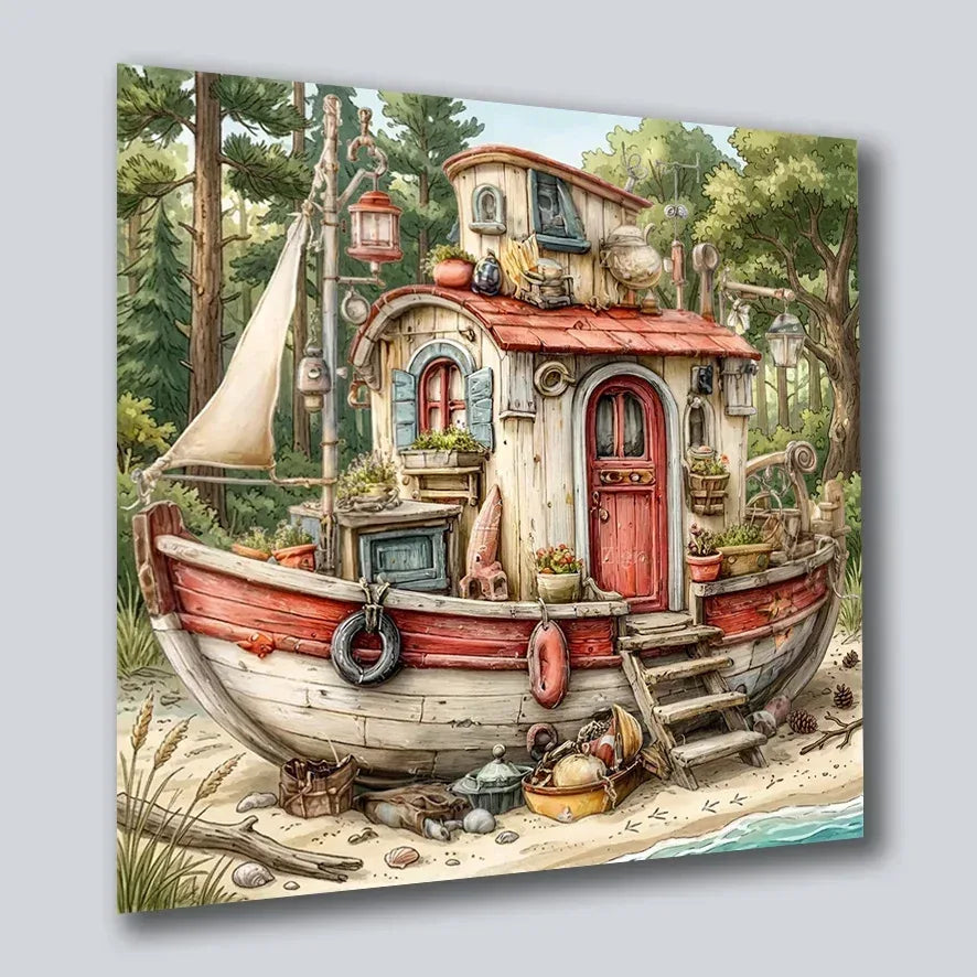 Hausboot Karikatur 2 Wandbild Kunstdruck auf Leinwand | Wandbild Galerie