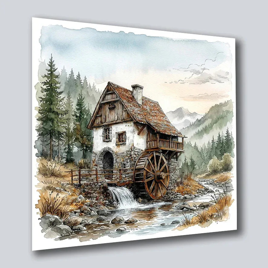 Wassermühle romantisch 5 Wandbild Kunstdruck auf Leinwand | Wandbild Galerie