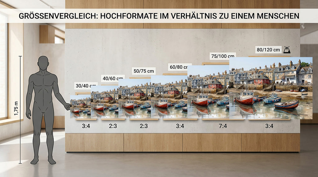 Wandbild Fischerboot Hafen Aquarell Ebbe Rotes Backsteinhaus Steintreppe Sandgrund Kunstdruck auf Leinwand