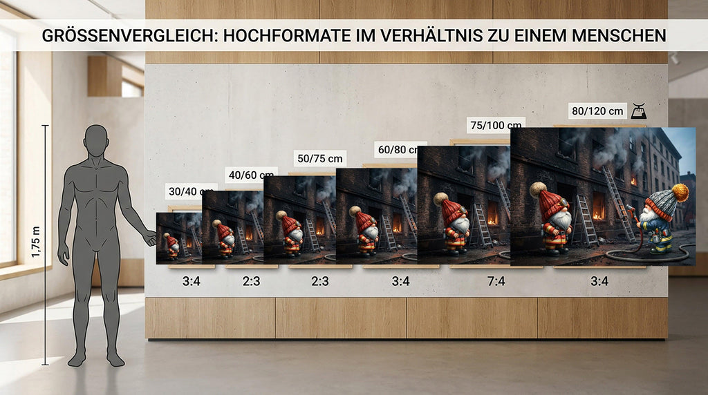 Feuerwehr Wichtel am brennenden Gebäude mit Leiter Kunstdruck auf Leinwand