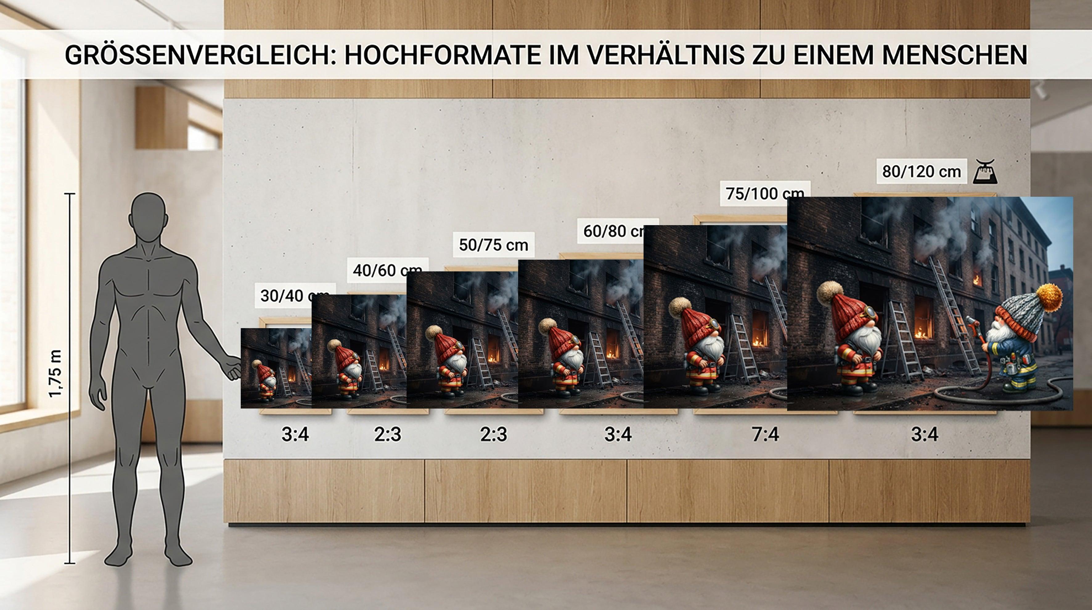 Feuerwehr Wichtel am brennenden Gebäude mit Leiter Kunstdruck auf Leinwand
