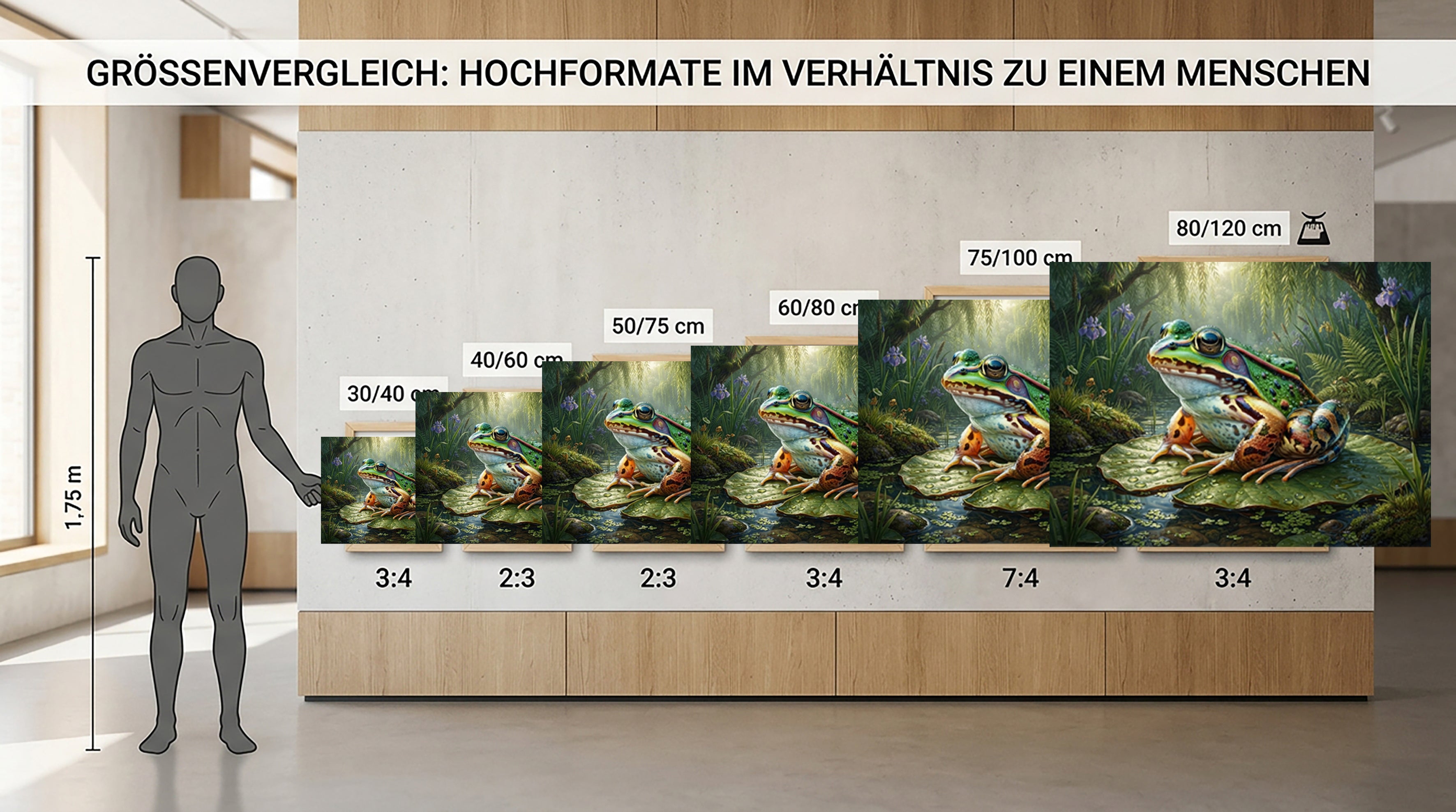 Wandbild Frosch Seerosenblatt Lila Iris Weidenzweige Gegenlicht Kunstdruck auf Leinwand