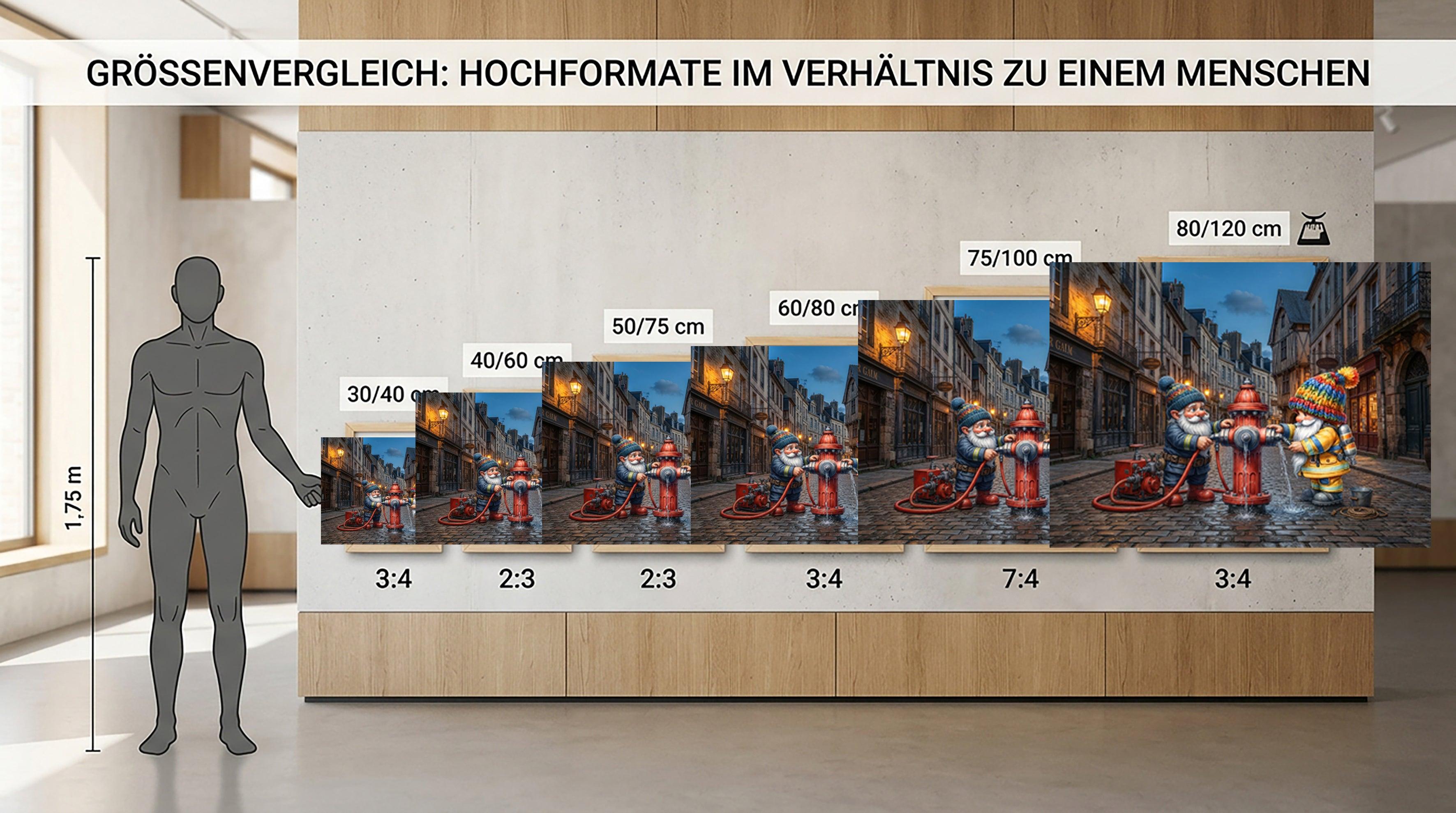 Feuerwehr Wichtel am Hydranten in der Altstadt Kunstdruck auf Leinwand