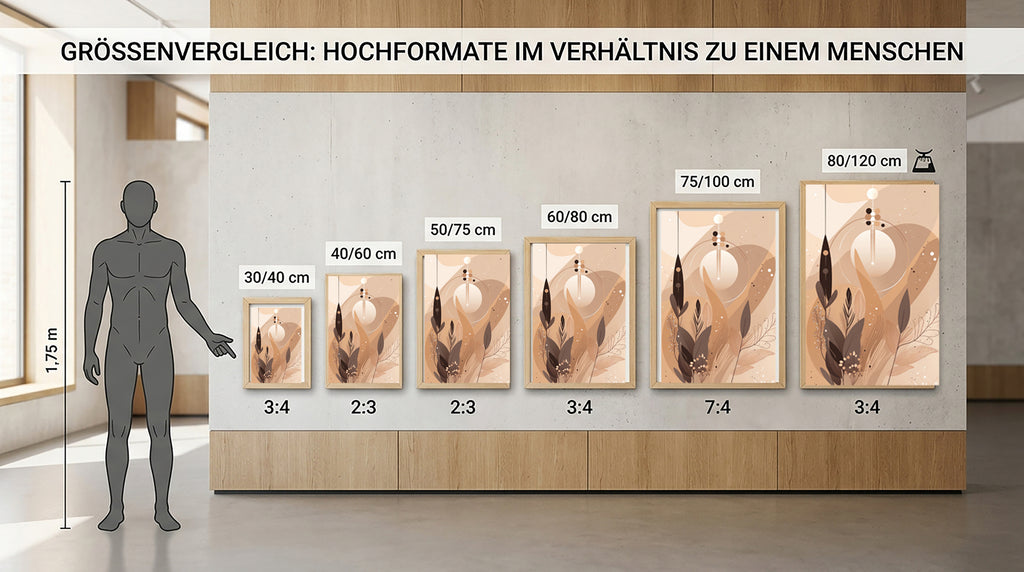 Wandbild Boho Art Mond Blätter Federn Mystisch Beige Braun Kunstdruck auf Leinwand