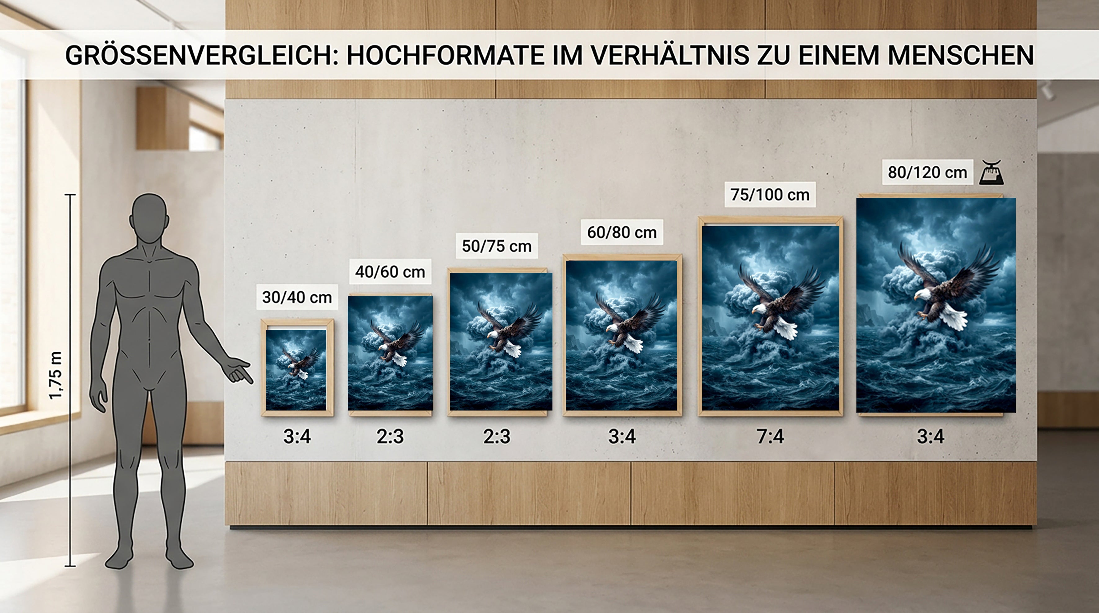 Wandbild Adler Seitenflug Sturmwolke Hochsee Brandung Blaue Stimmung Kunstdruck auf Leinwand
