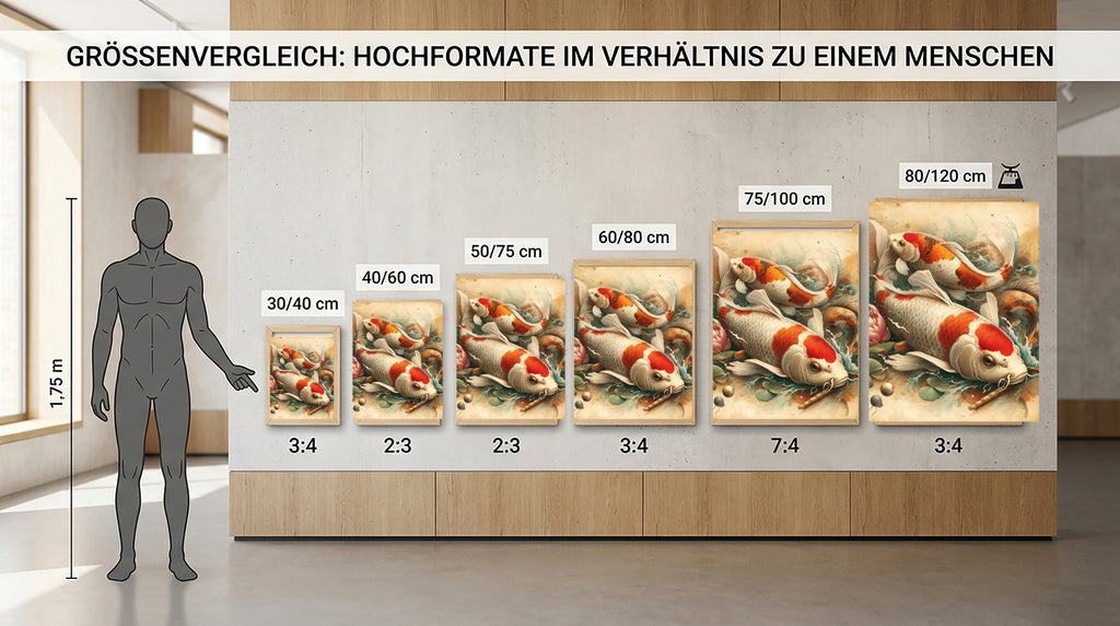 Wandbild Koi Karpfen Zwei Lotus Bambusstab Aquarell Vintage Kunstdruck auf Leinwand