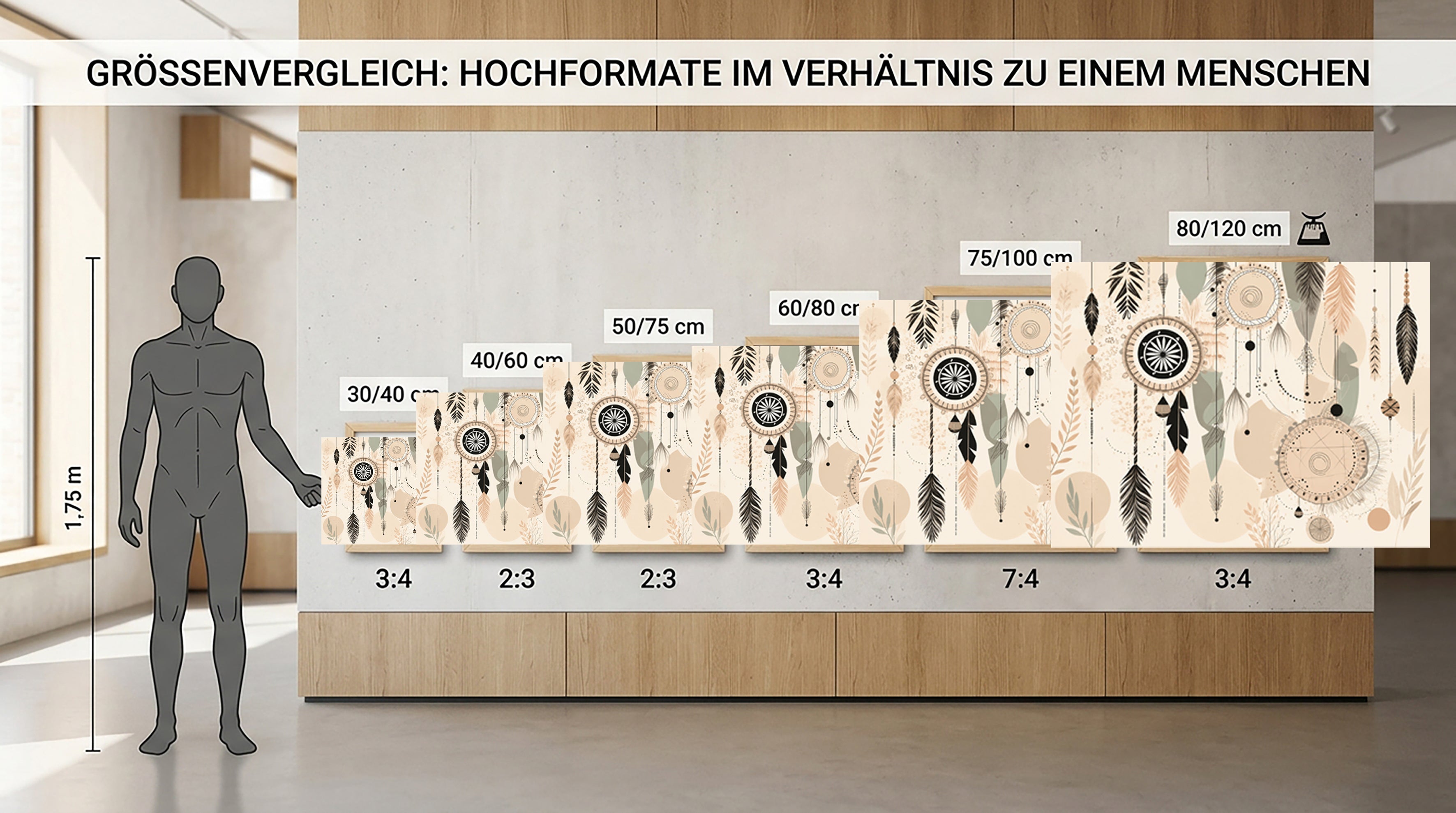 Wandbild Boho Art Traumfänger Federn Perlen Beige Schwarz Aquarell Illustrationsstil Kunstdruck auf Leinwand