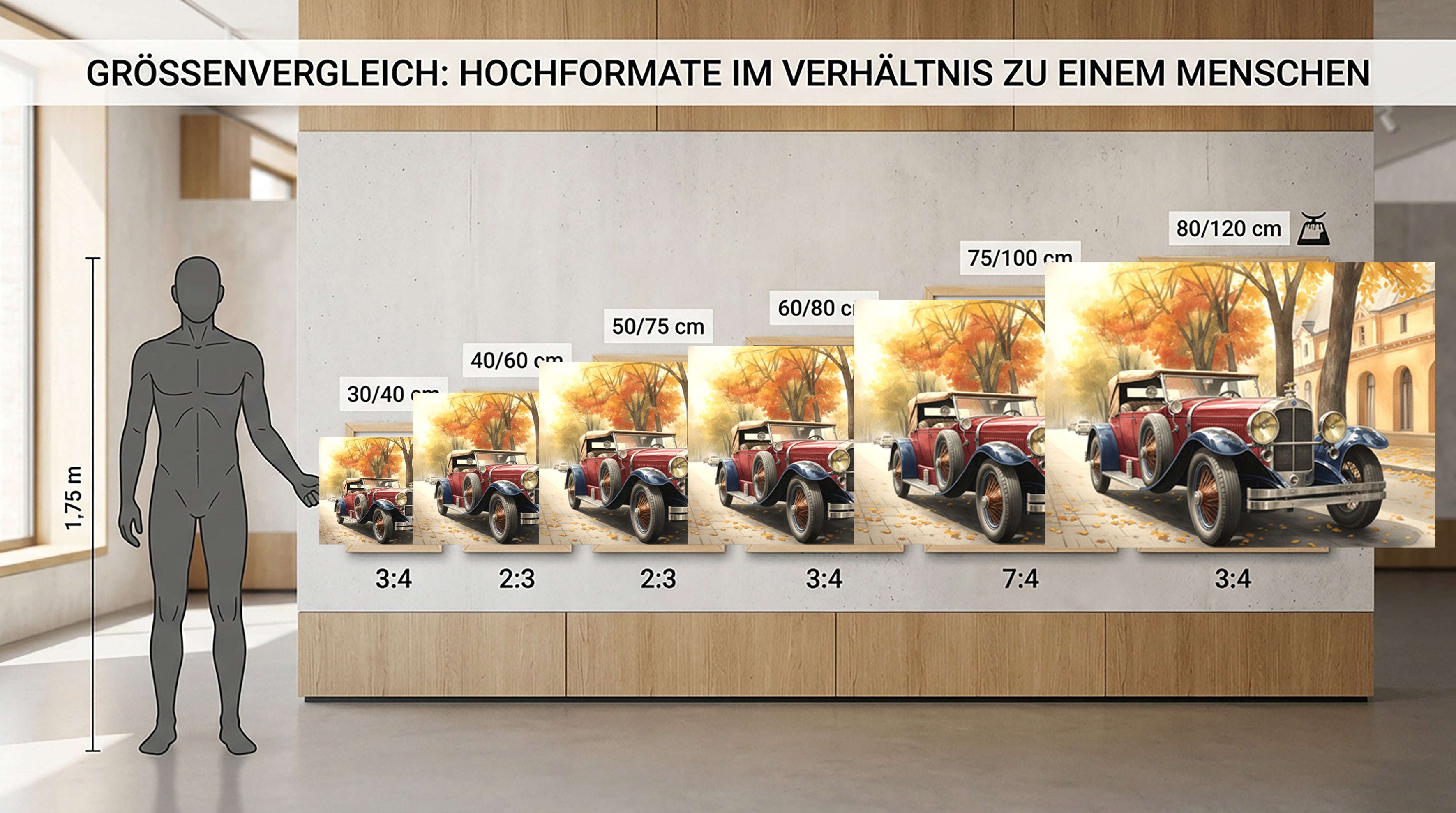 Wandbild Oldtimer Roter Cabriolet Zweifarbig Aquarell Herbstallee Kunstdruck auf Leinwand