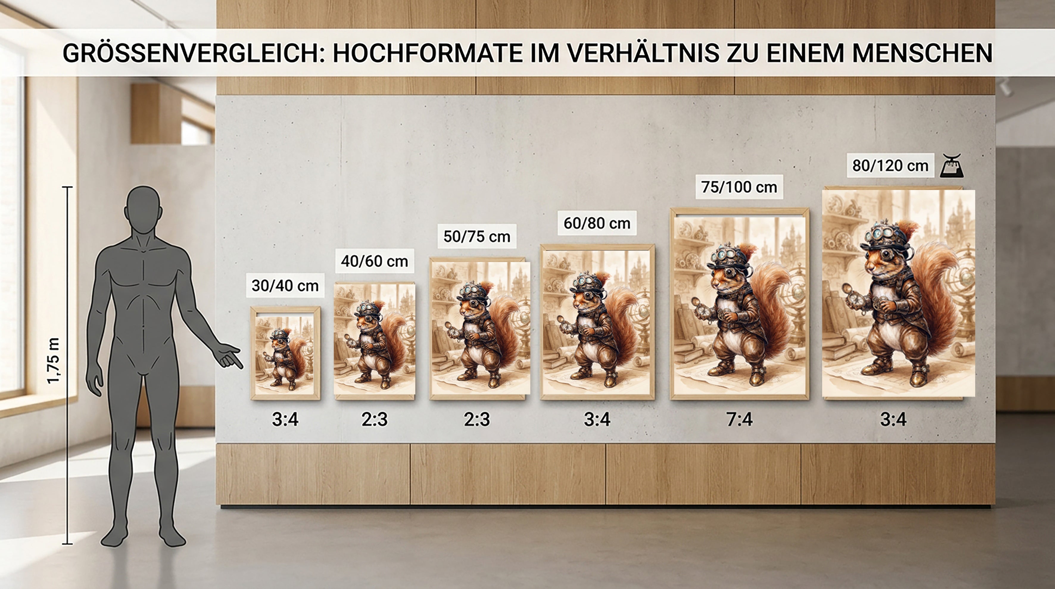 Wandbild Eichhörnchen Steampunk Abenteurer Kompass Aquarell Sepia Kunstdruck auf Leinwand