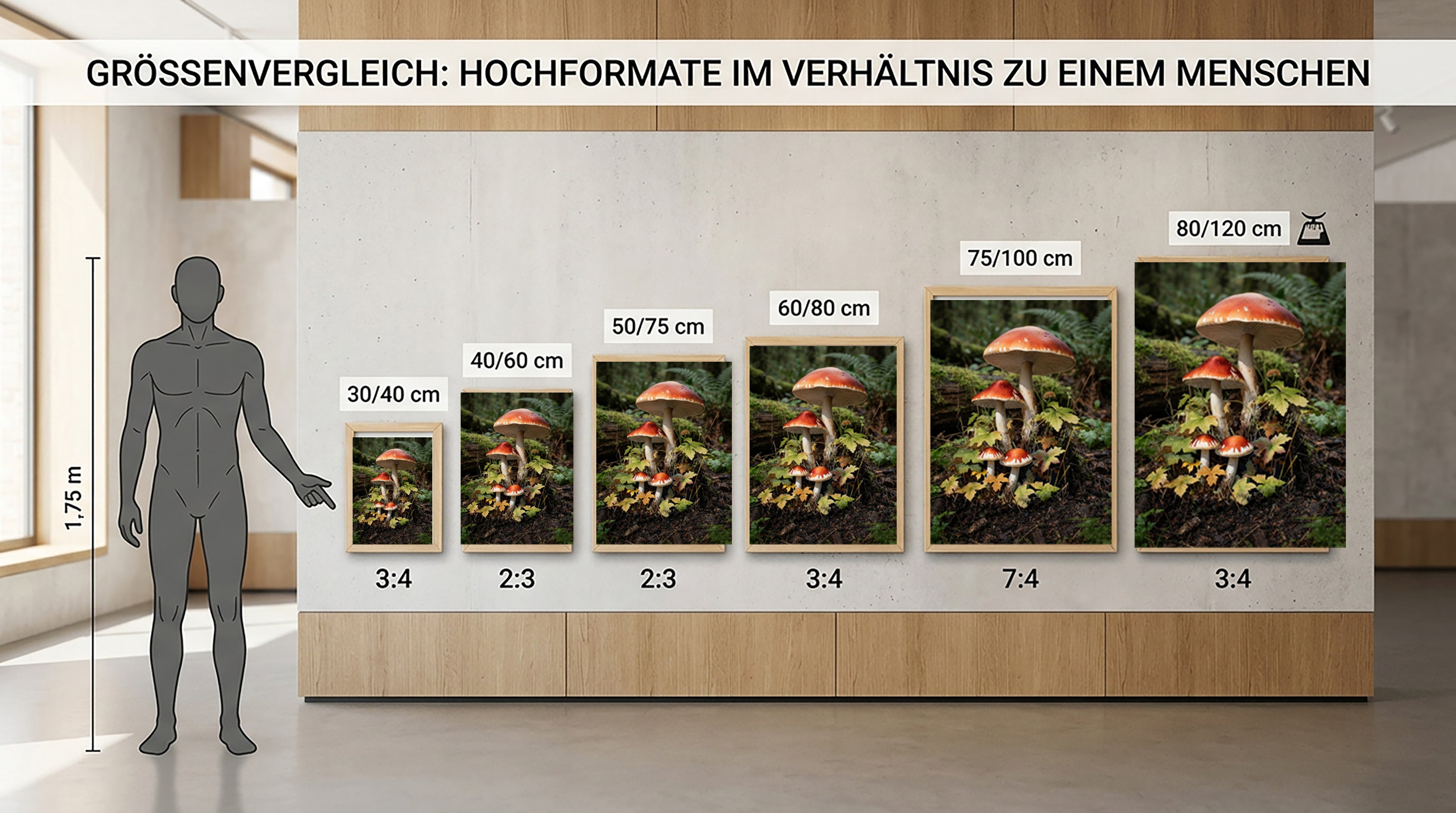 Wandbild Waldpilz Vier Pilze Herbstlaub Farne Waldboden Kunstdruck auf Leinwand