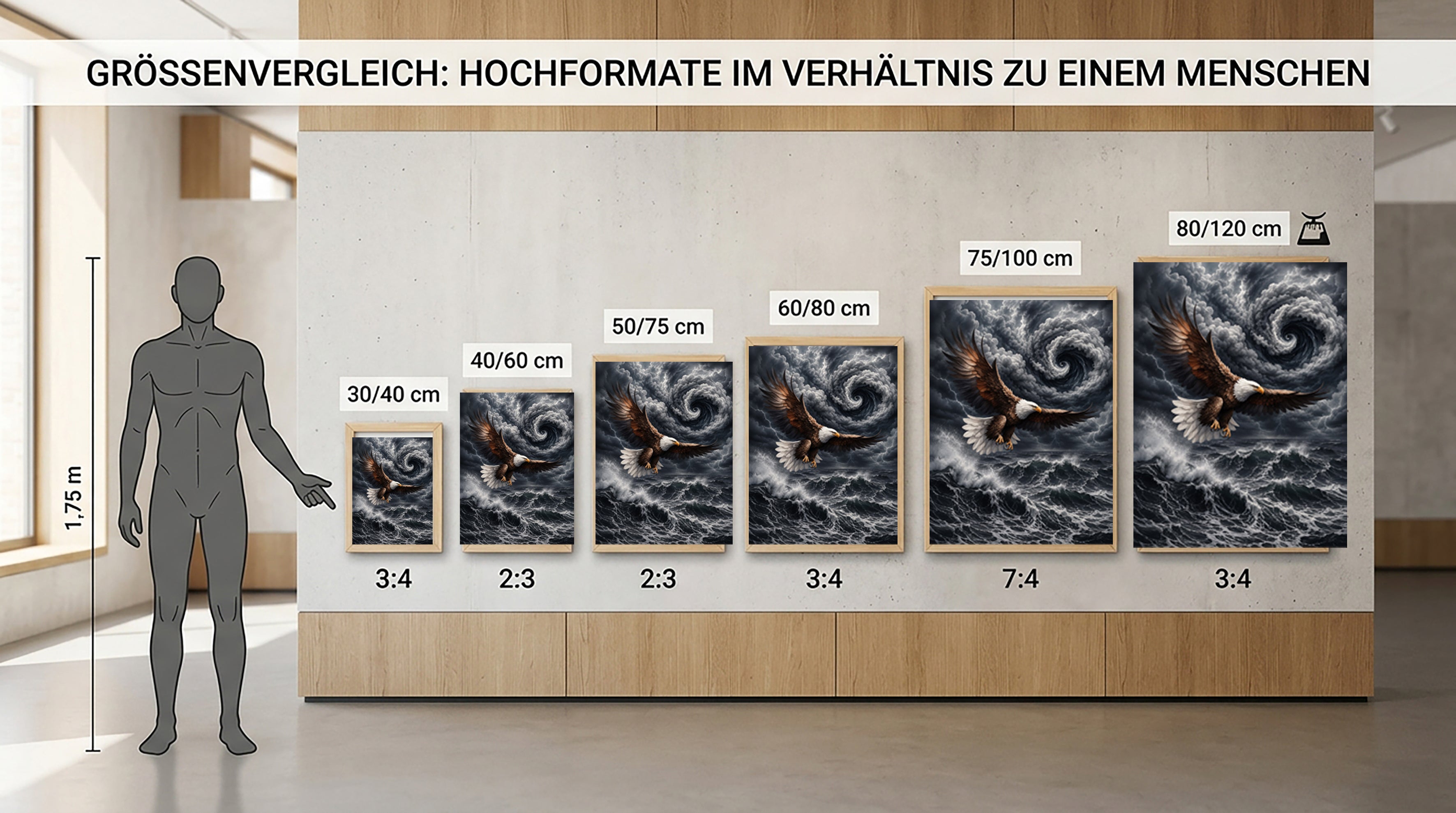 Wandbild Adler Seitenflug Wirbelsturm Blitze Hochsee Brandung Kunstdruck auf Leinwand
