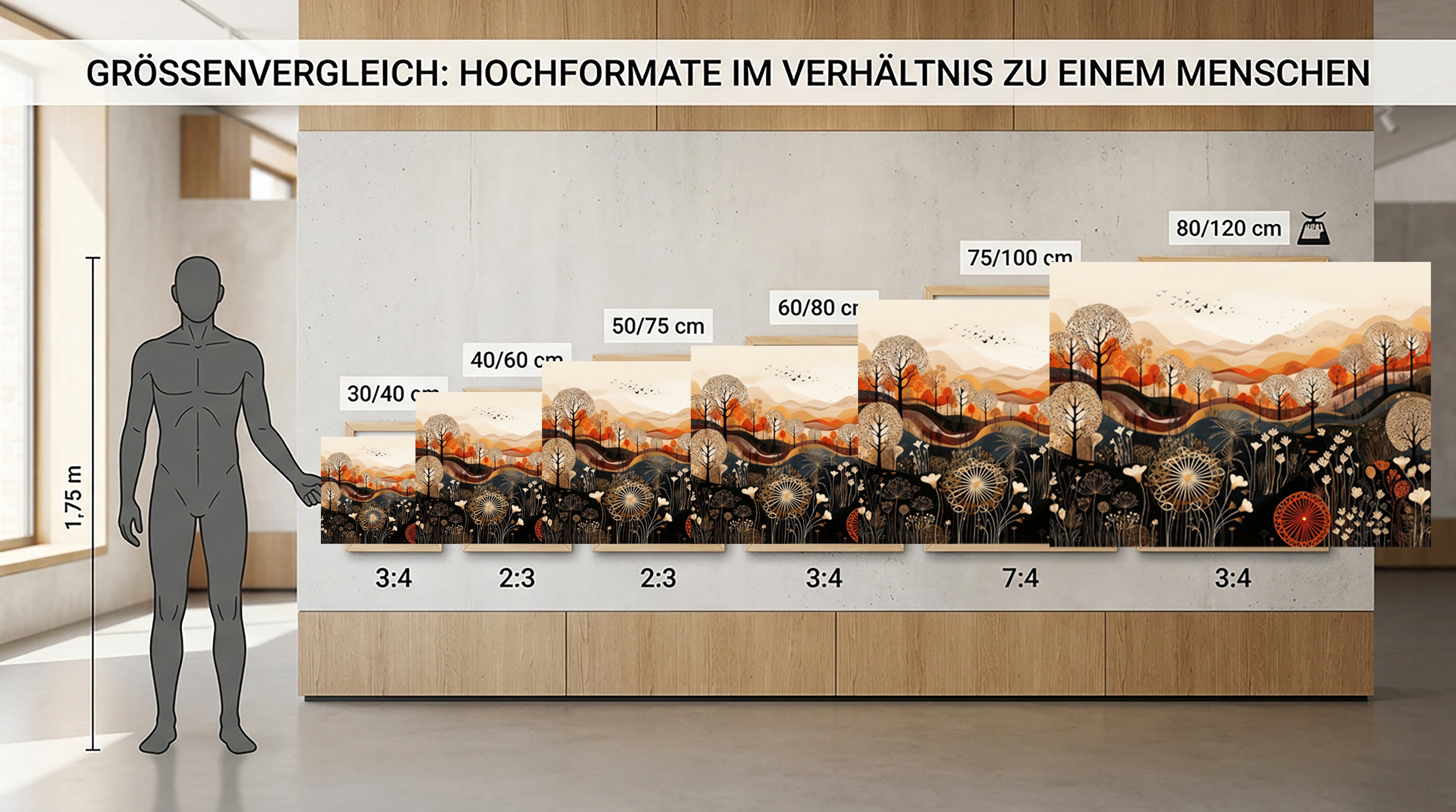 Wandbild Boho Art Herbstlandschaft Wildblumen Wellen Illustrationsstil Kunstdruck auf Leinwand