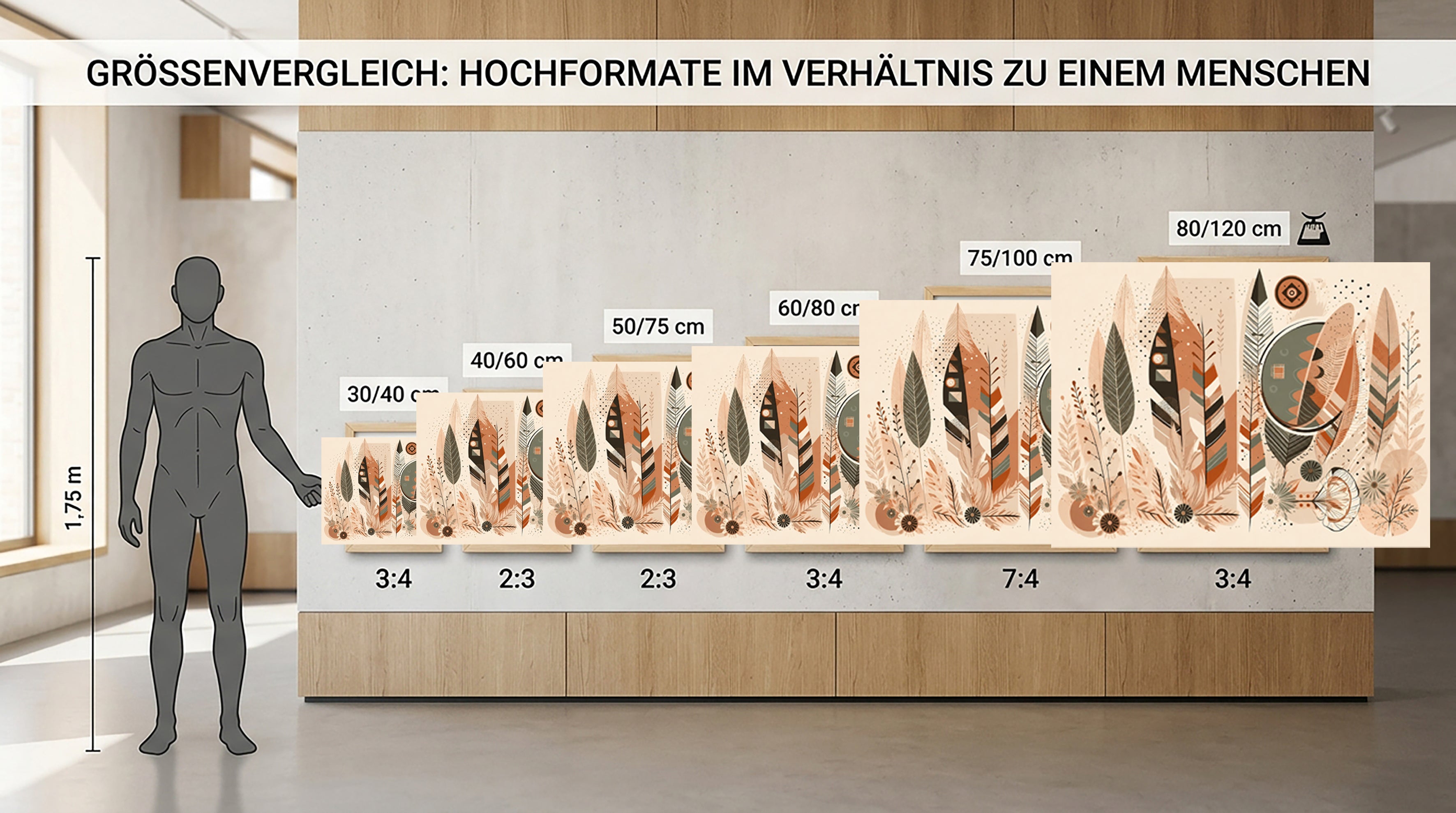 Wandbild Boho Art Federn Geometrisch Mond Terrakotta Grau Illustrationsstil Kunstdruck auf Leinwand
