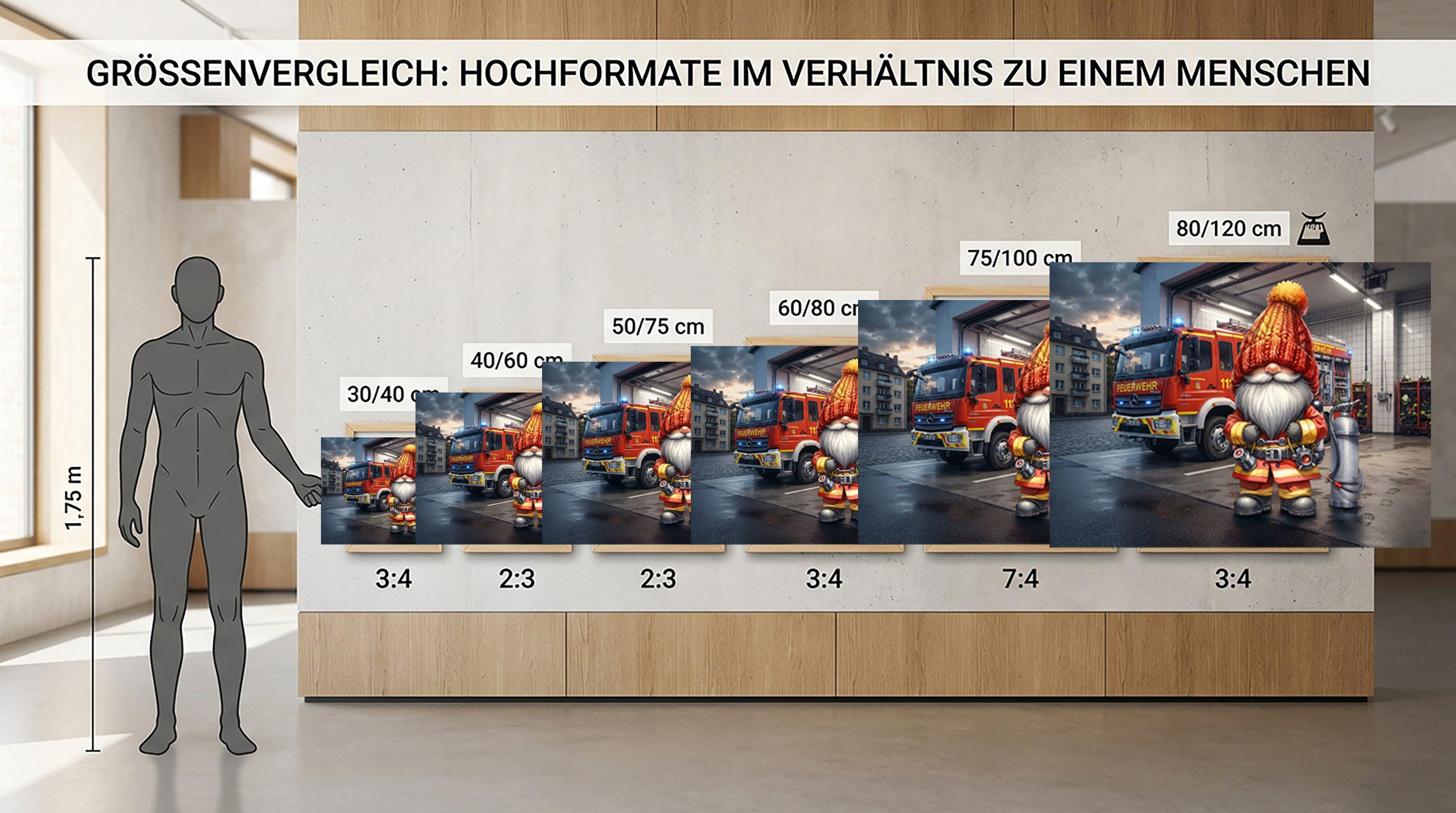Feuerwehr Wichtel vor dem Feuerwehrauto beim Ausrücken Kunstdruck auf Leinwand