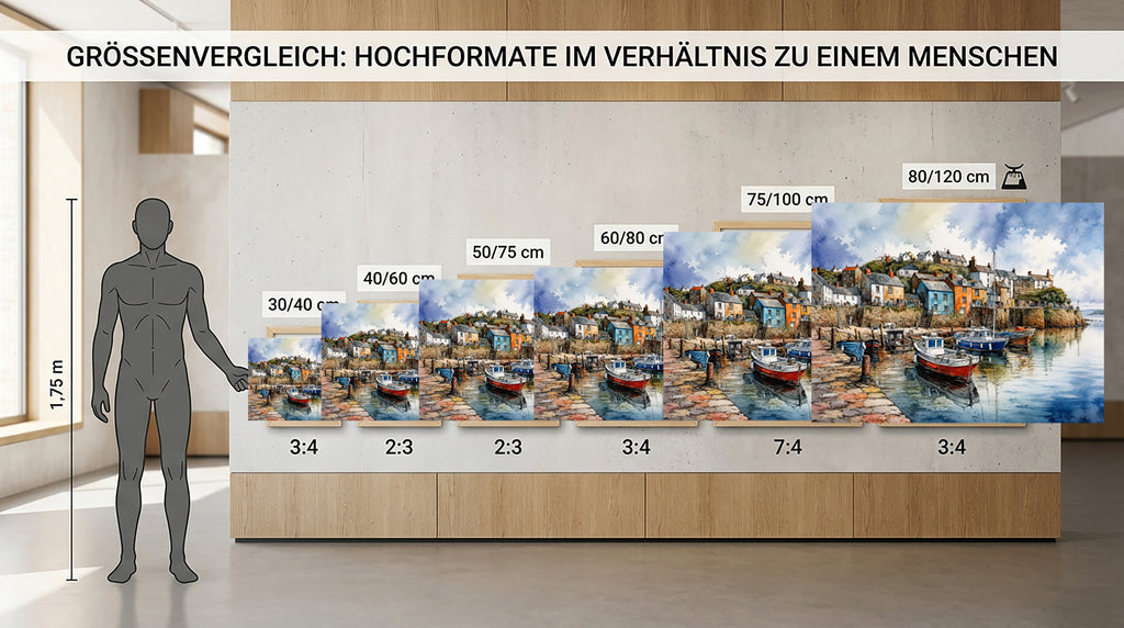 Wandbild Fischerboot Hafen Aquarell Bunte Häuser Kopfsteinpflaster Kunstdruck auf Leinwand