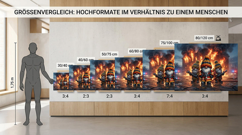 Feuerwehr Wichtel im Großeinsatz vor brennendem Gebäude Kunstdruck auf Leinwand