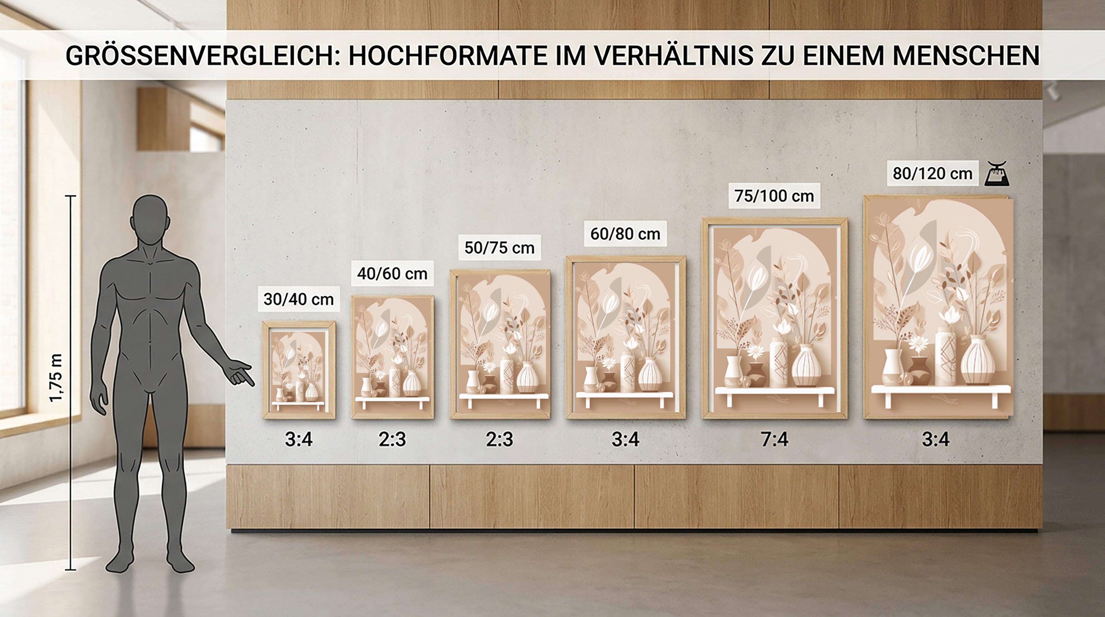 Wandbild Boho Art Vasen Stillleben Trockenblumen Beige Kunstdruck auf Leinwand