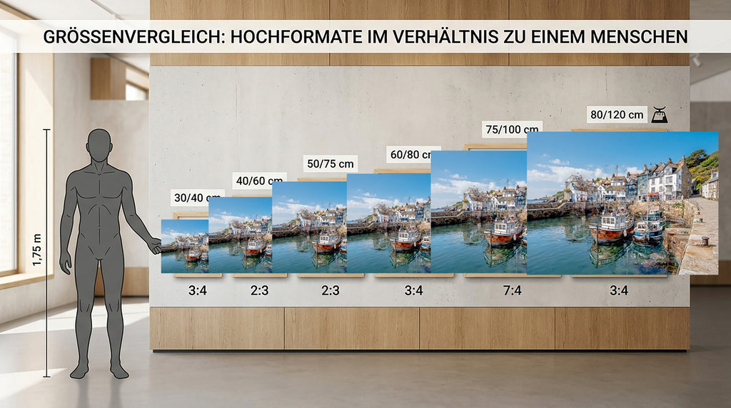 Wandbild Fischerboot Hafen Oranges Hochhaus Fünf Boote Segelmasten Fahrräder Kai Kunstdruck auf Leinwand