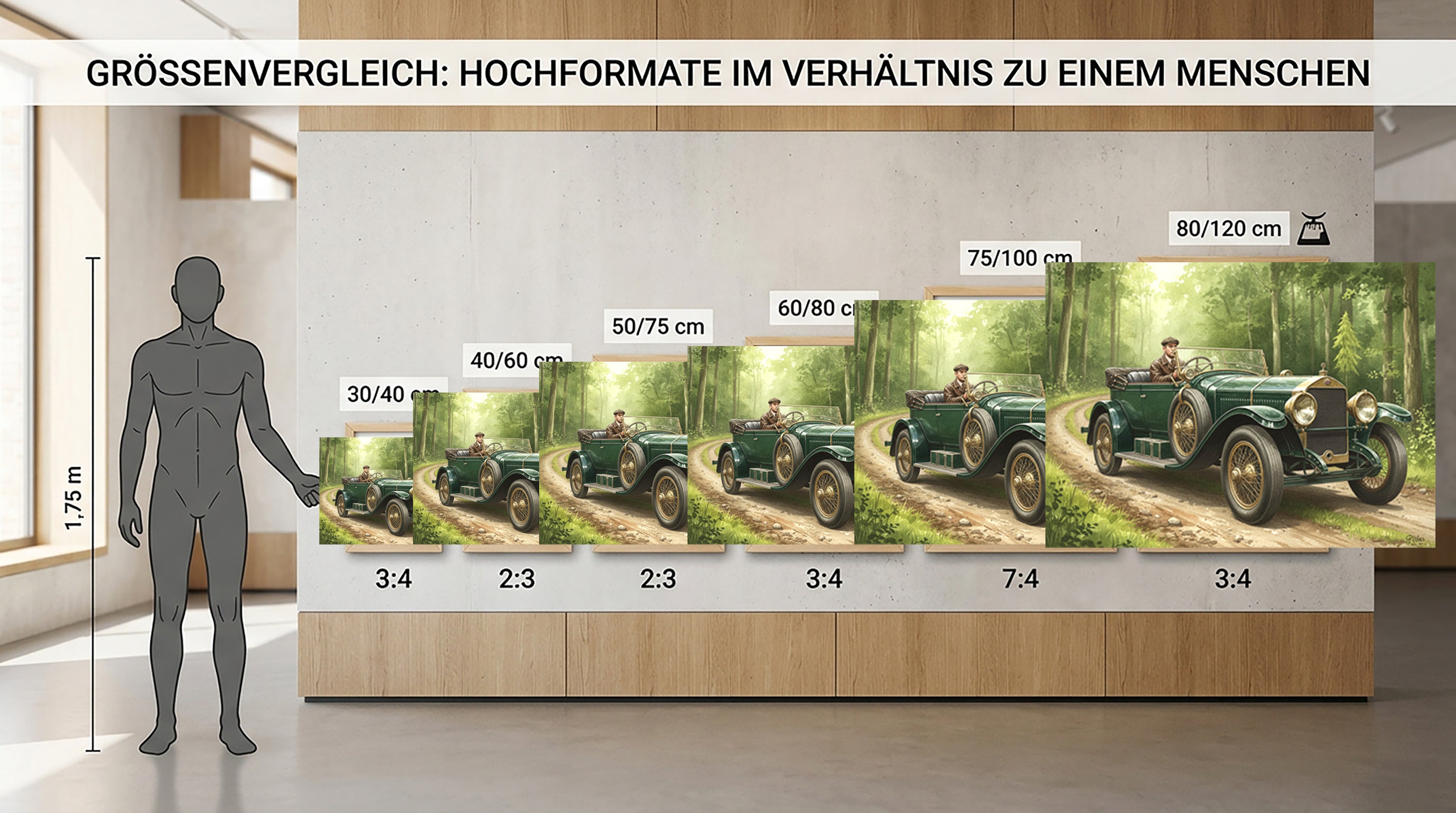 Wandbild Oldtimer Grüner Tourenwagen Fahrer Waldweg Sonnenlicht Kunstdruck auf Leinwand