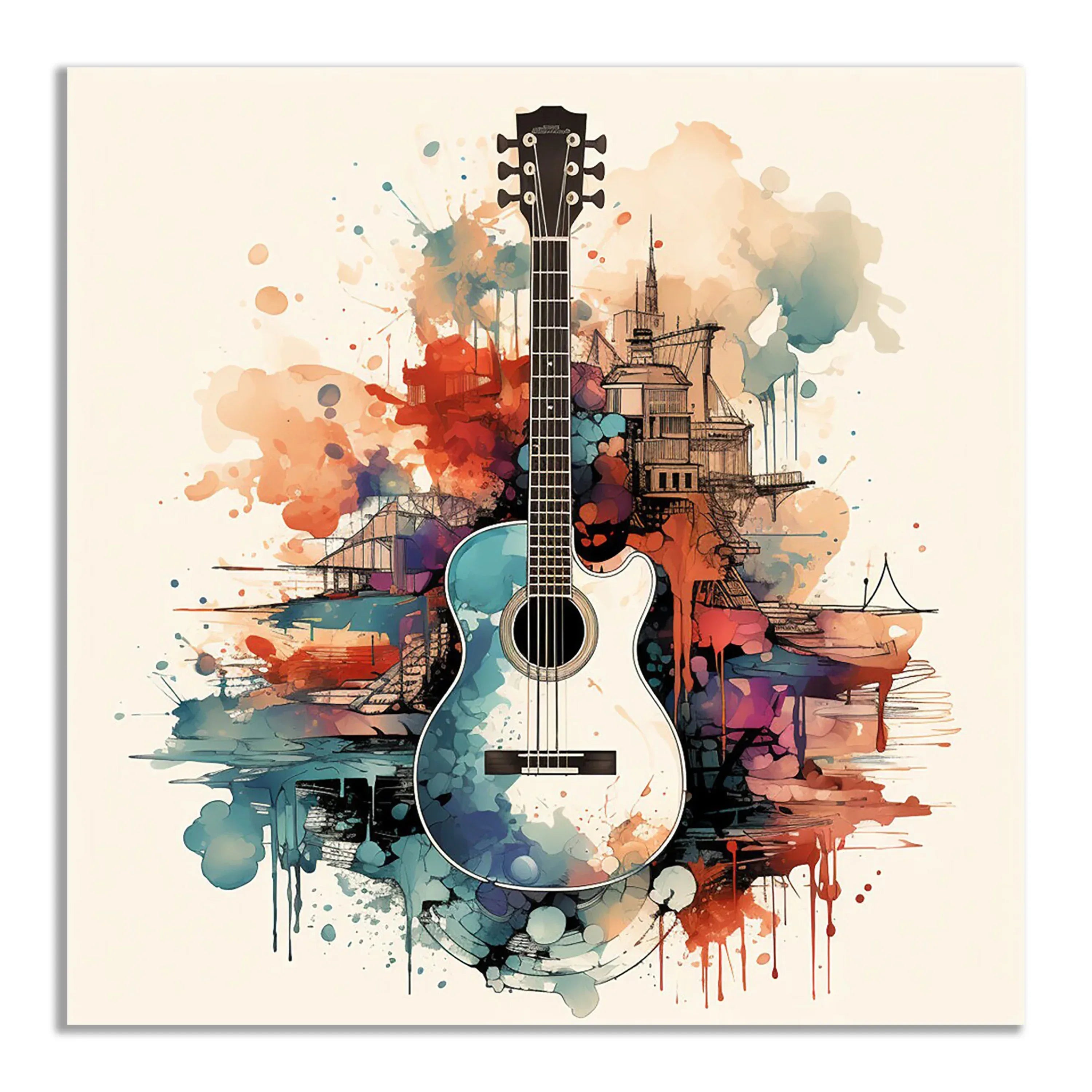 Wandbild Gitarre mit Blumen Kunstdruck auf Leinwand direkt zum Aufhängen | Wandbild Galerie