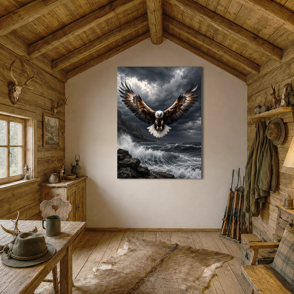 Wandbild Adler Frontalflug Sturmküste Felsen Brandung Kunstdruck auf Leinwand
