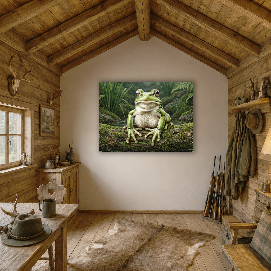 Wandbild Frosch Hellgrün Moosiger Ast Schilf Teich Kunstdruck auf Leinwand