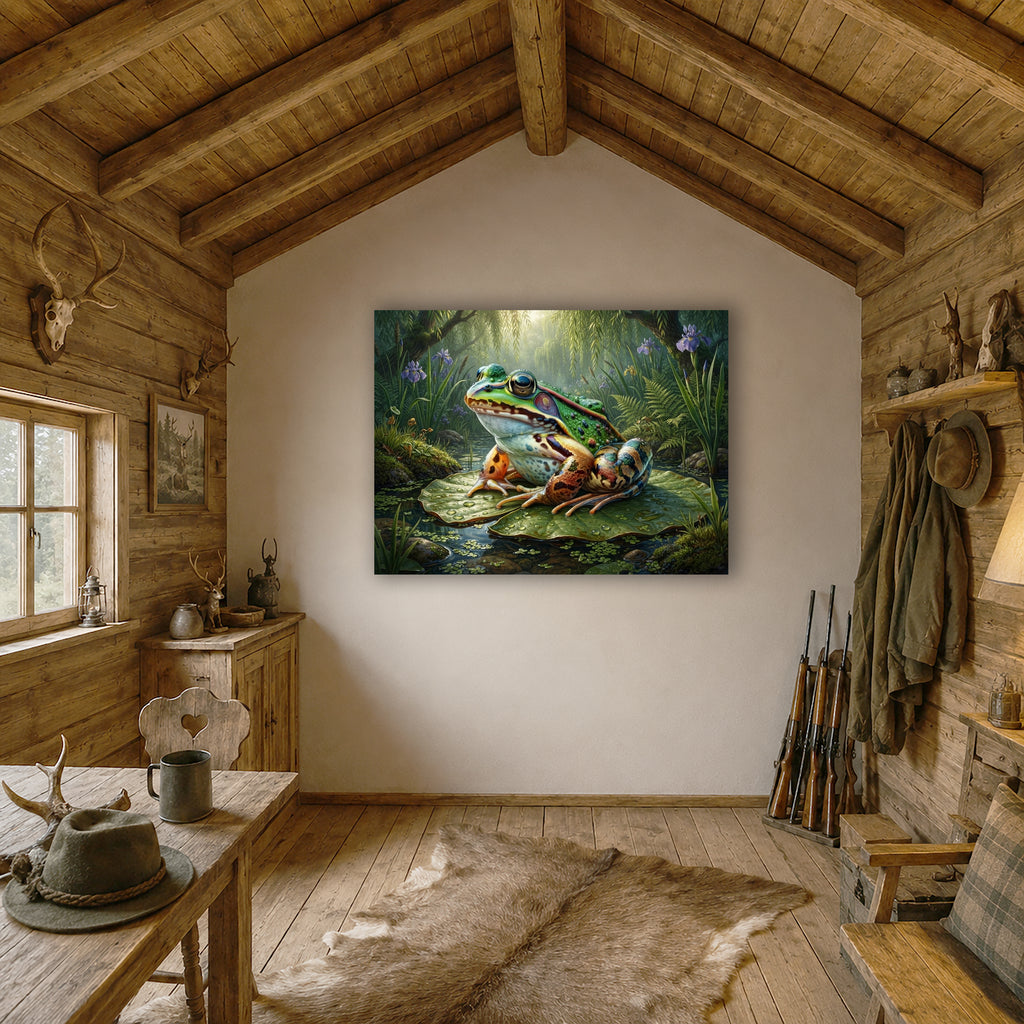 Wandbild Frosch Seerosenblatt Lila Iris Weidenzweige Gegenlicht Kunstdruck auf Leinwand