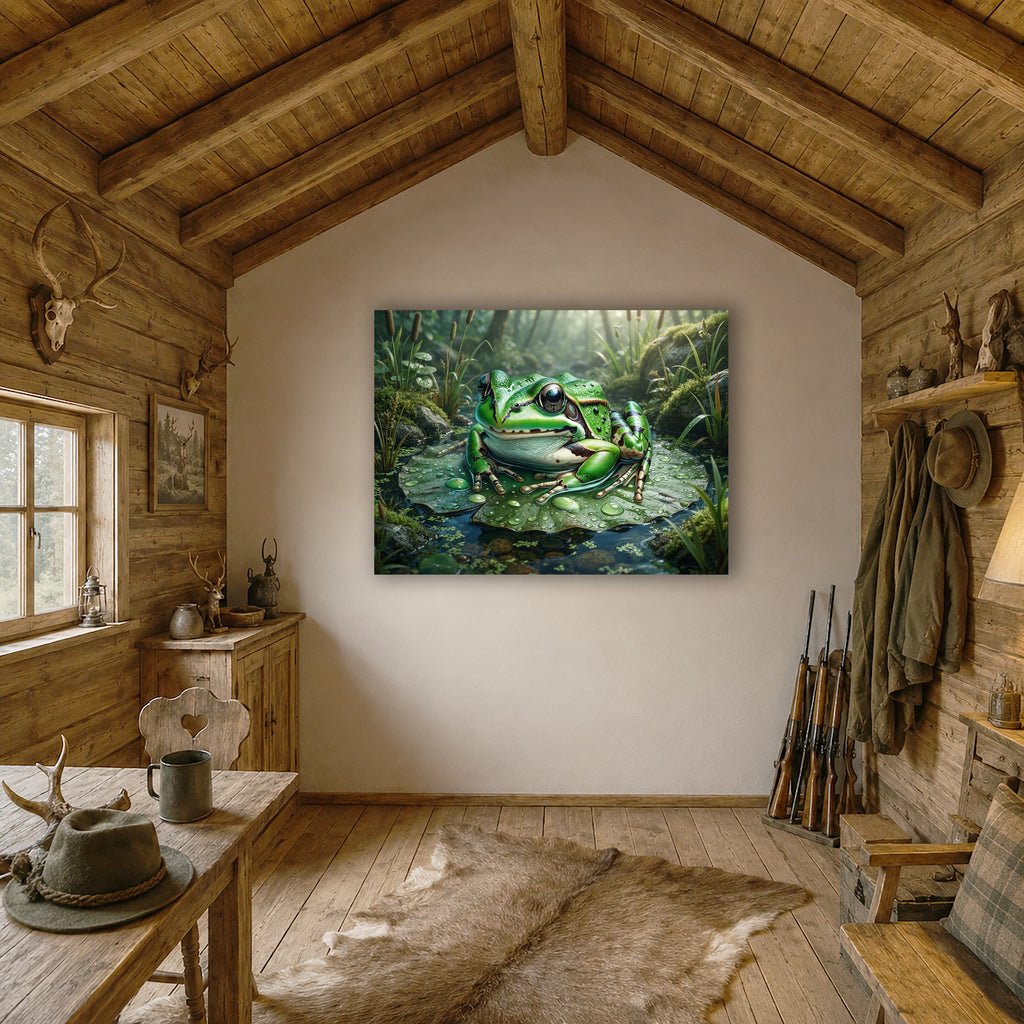 Wandbild Frosch Seerosenblatt Wassertropfen Schilf Waldlicht Kunstdruck auf Leinwand