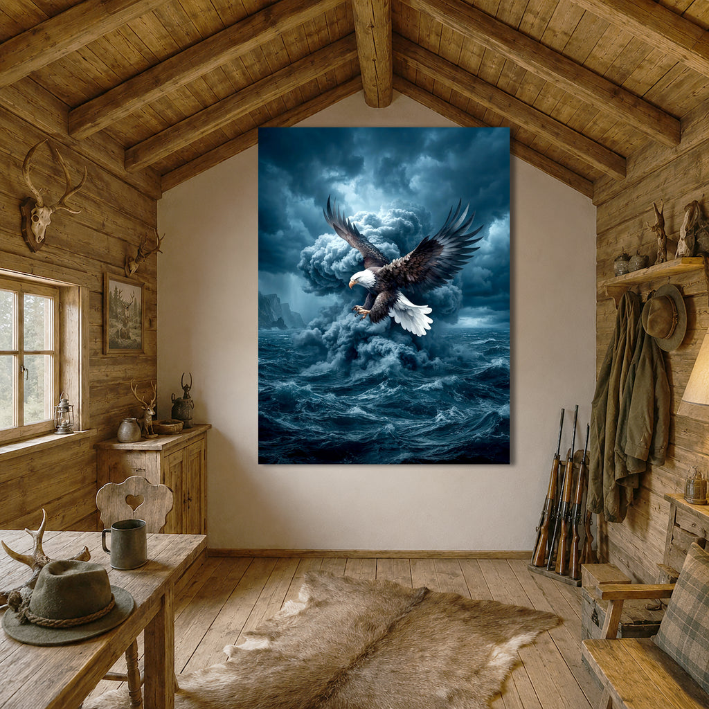 Wandbild Adler Seitenflug Sturmwolke Hochsee Brandung Blaue Stimmung Kunstdruck auf Leinwand