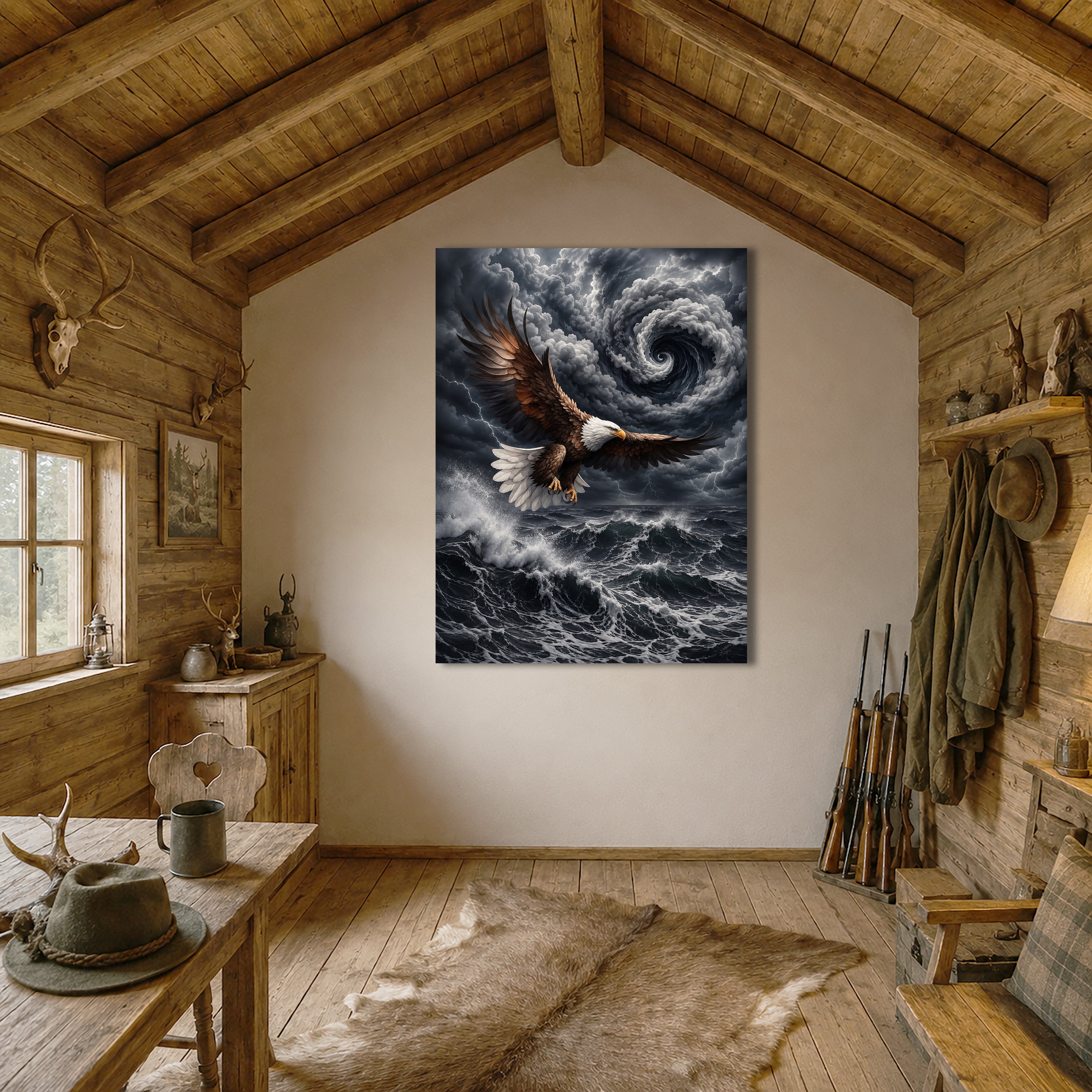 Wandbild Adler Seitenflug Wirbelsturm Blitze Hochsee Brandung Kunstdruck auf Leinwand