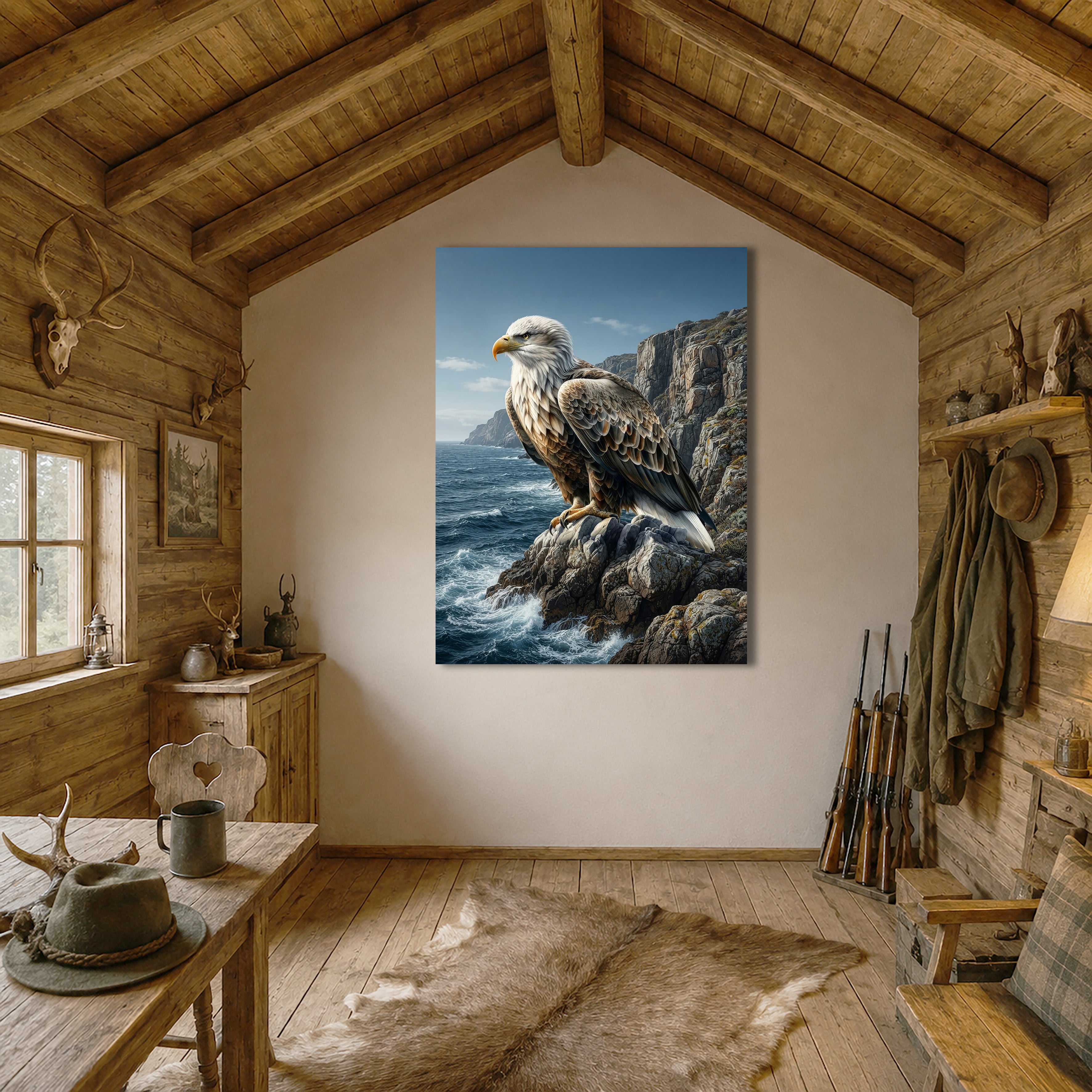 Wandbild Adler Sitzend Steilküste Klippen Meer Illustrationsstil Kunstdruck auf Leinwand