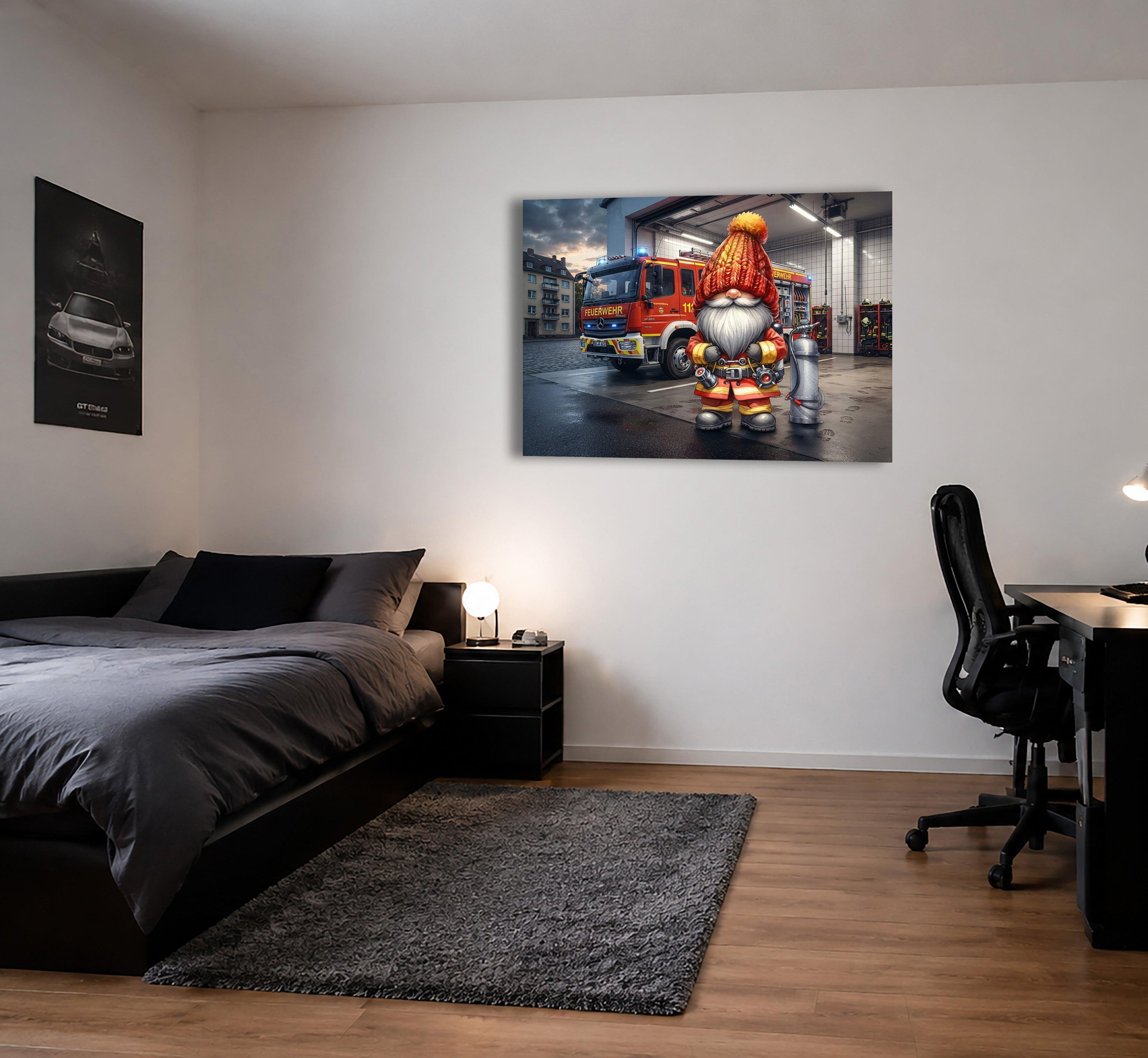 Feuerwehr Wichtel vor dem Feuerwehrauto beim Ausrücken Kunstdruck auf Leinwand