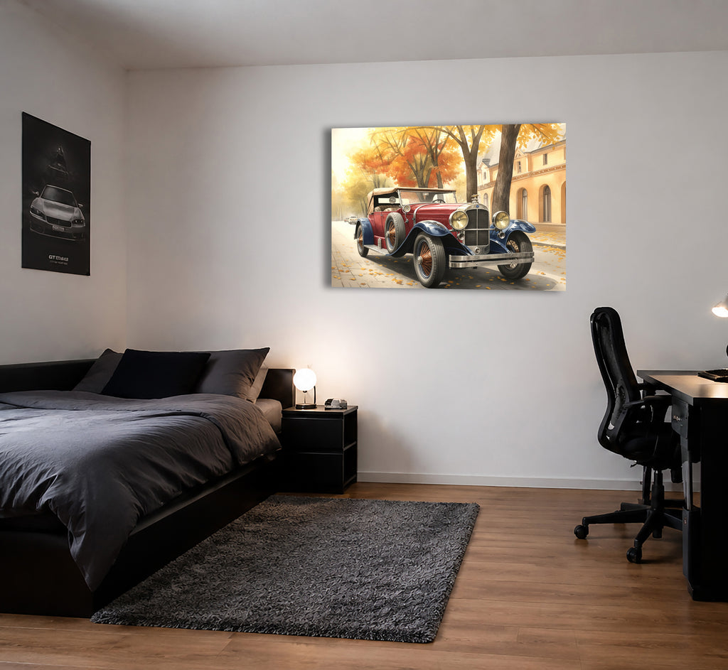 Wandbild Oldtimer Roter Cabriolet Zweifarbig Aquarell Herbstallee Kunstdruck auf Leinwand