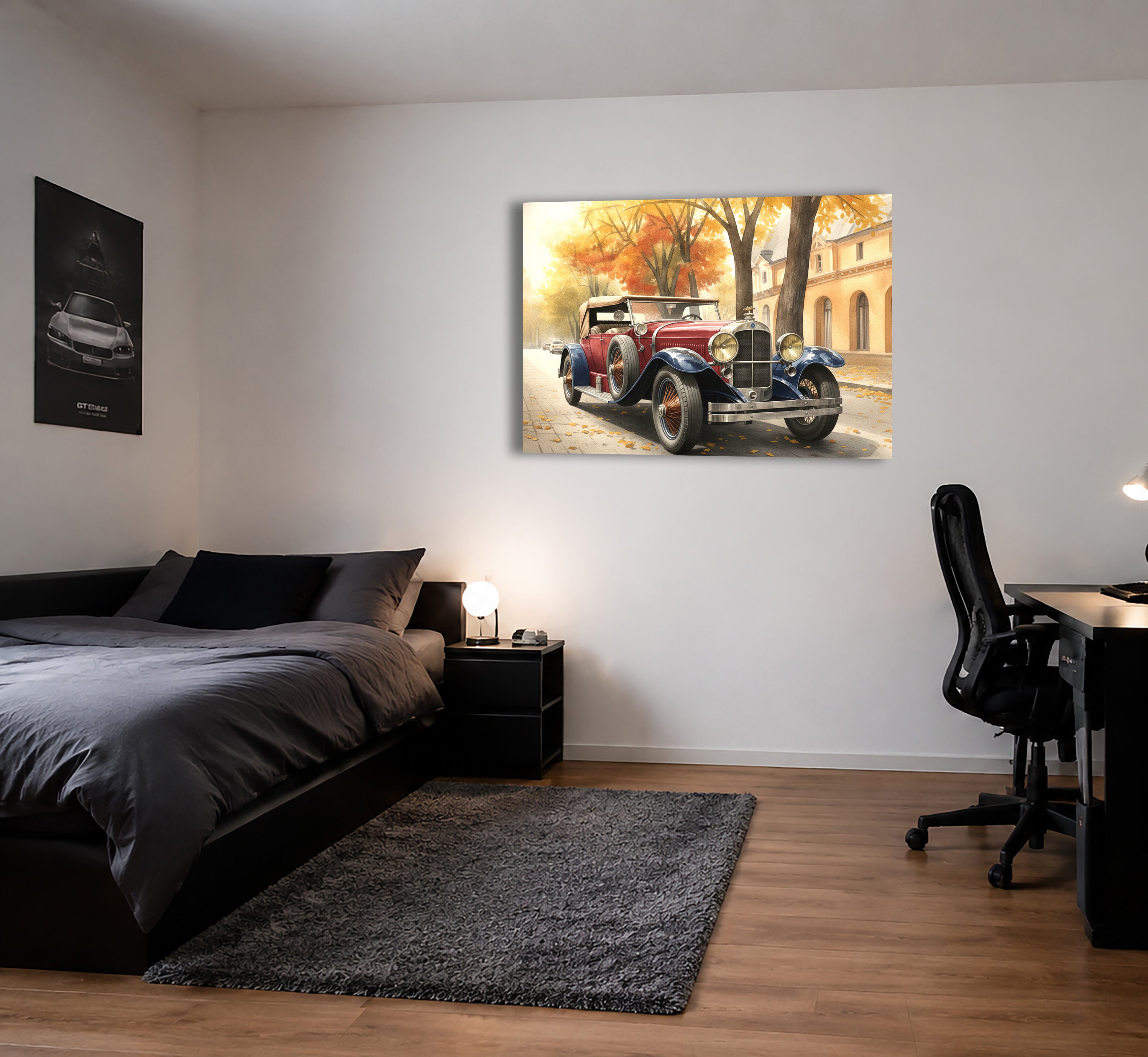 Wandbild Oldtimer Roter Cabriolet Zweifarbig Aquarell Herbstallee Kunstdruck auf Leinwand