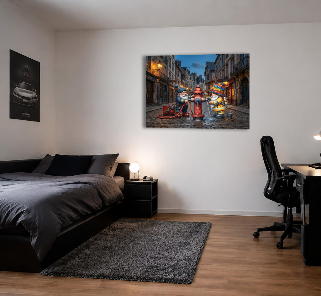 Feuerwehr Wichtel am Hydranten in der Altstadt Kunstdruck auf Leinwand