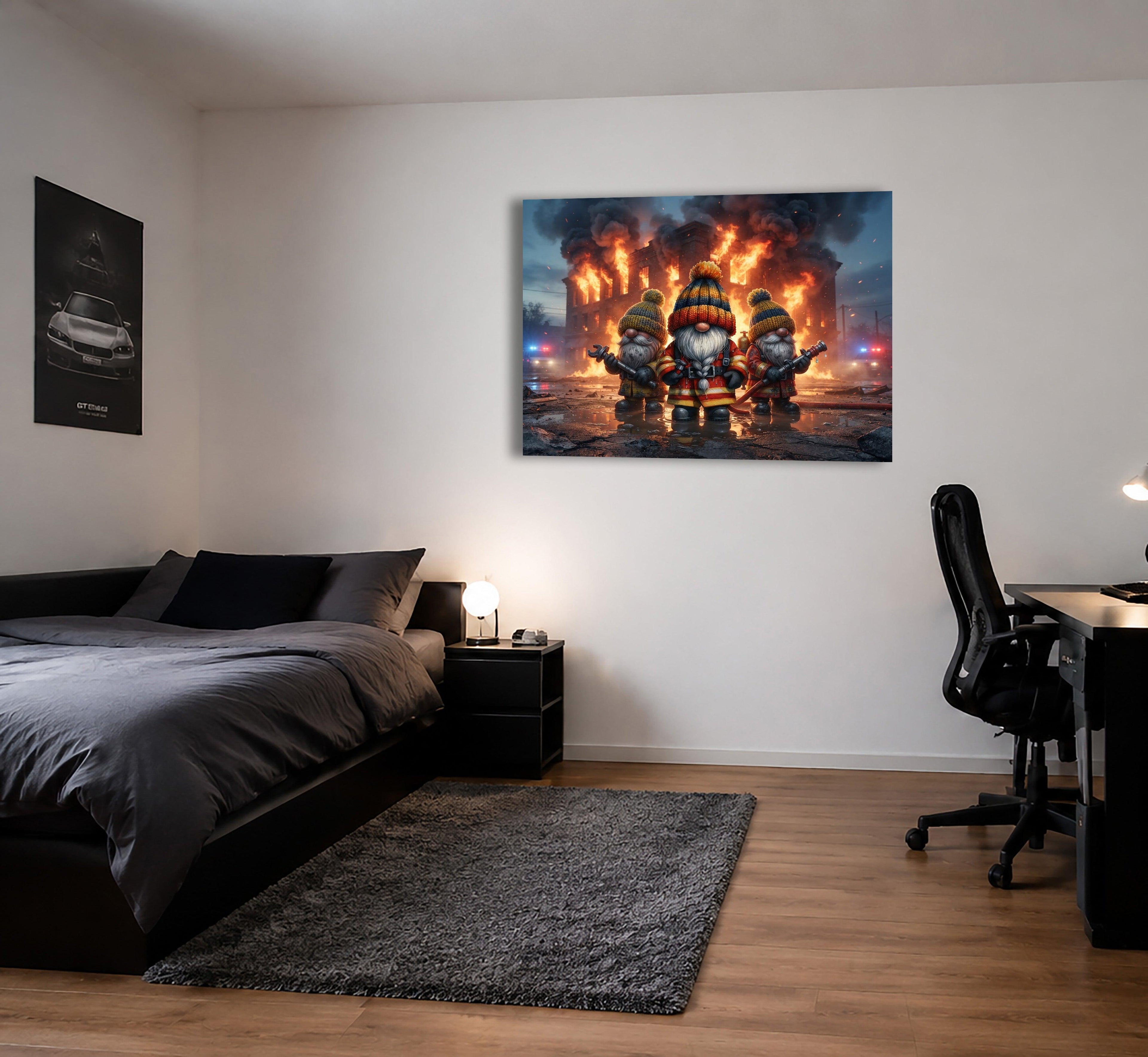 Feuerwehr Wichtel im Großeinsatz vor brennendem Gebäude Kunstdruck auf Leinwand