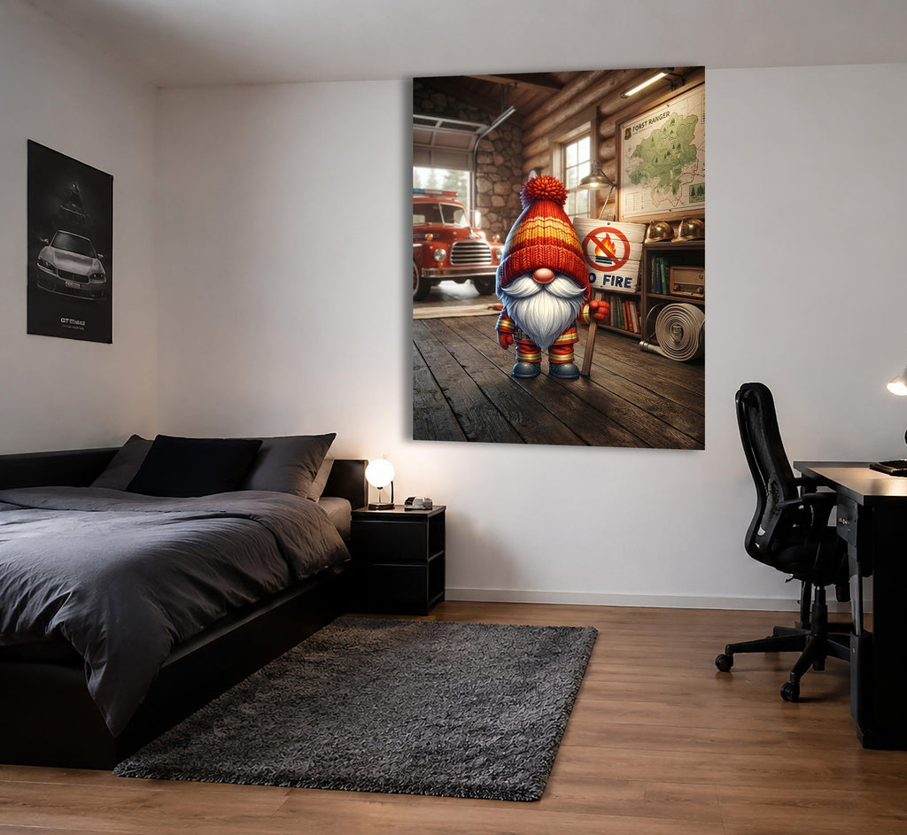 Feuerwehr Wichtel Forstranger mit No Fire Schild Kunstdruck auf Leinwand