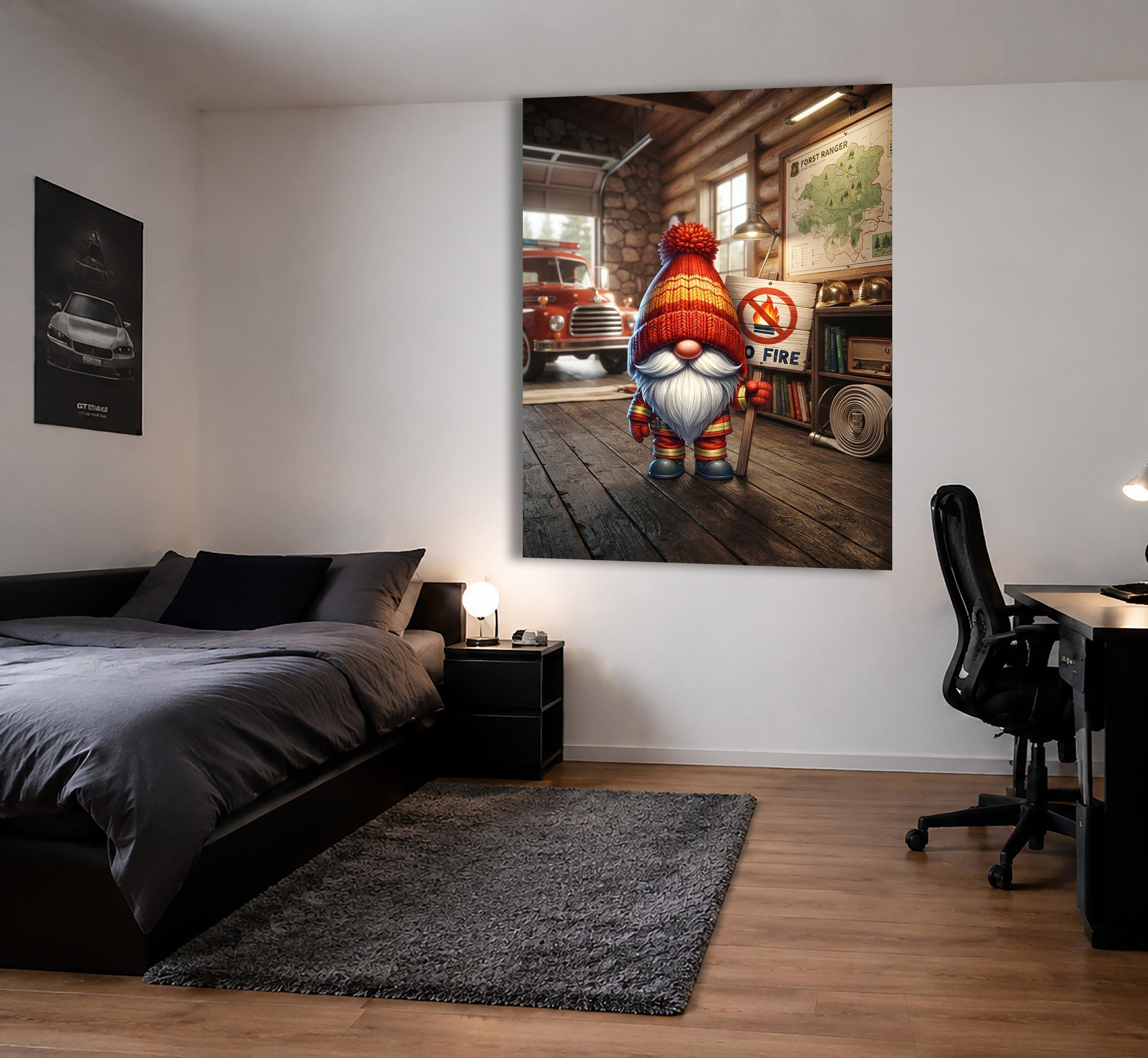 Feuerwehr Wichtel Forstranger mit No Fire Schild Kunstdruck auf Leinwand