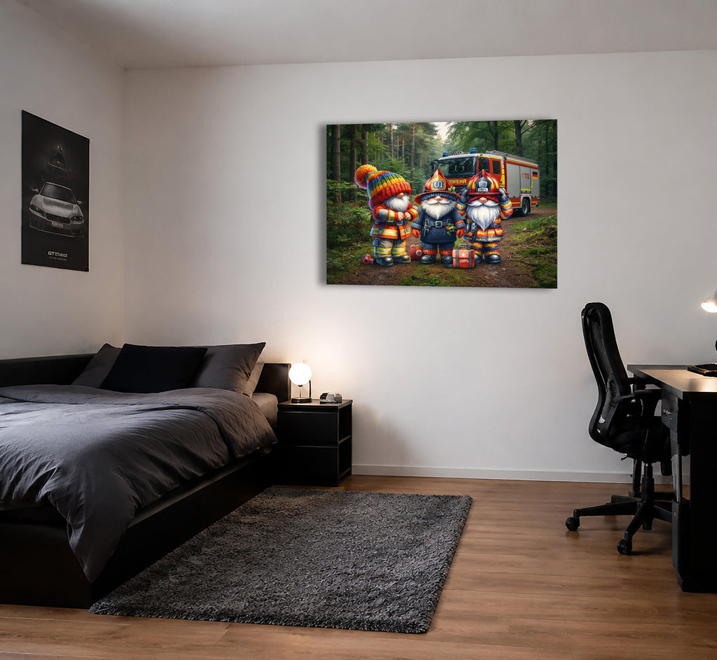Drei Feuerwehr Wichtel im Waldeinsatz Kunstdruck auf Leinwand Nr. 6