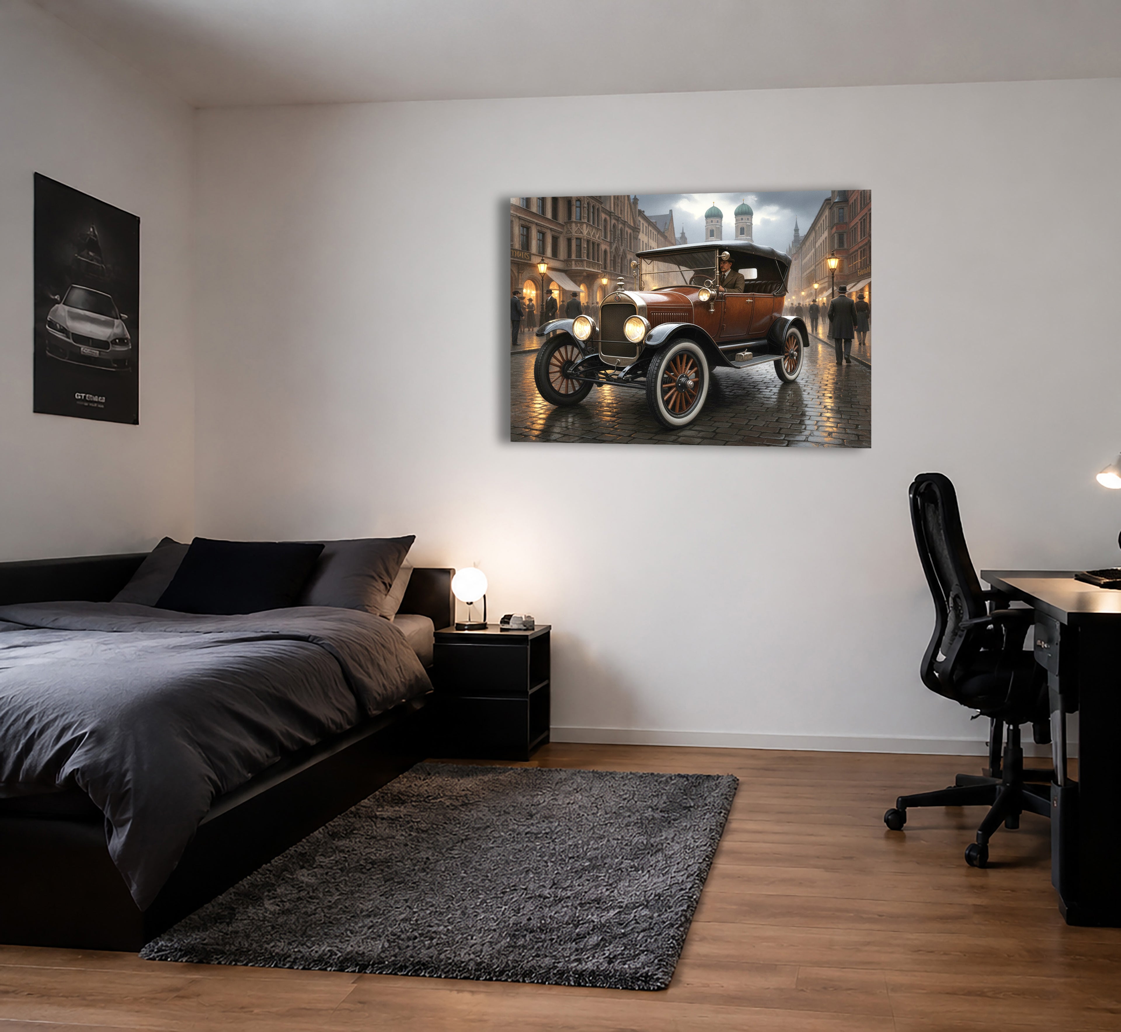 Wandbild Oldtimer Brauner Tourenwagen Fahrer München Frauenkirche Kaiserzeit Kunstdruck auf Leinwand