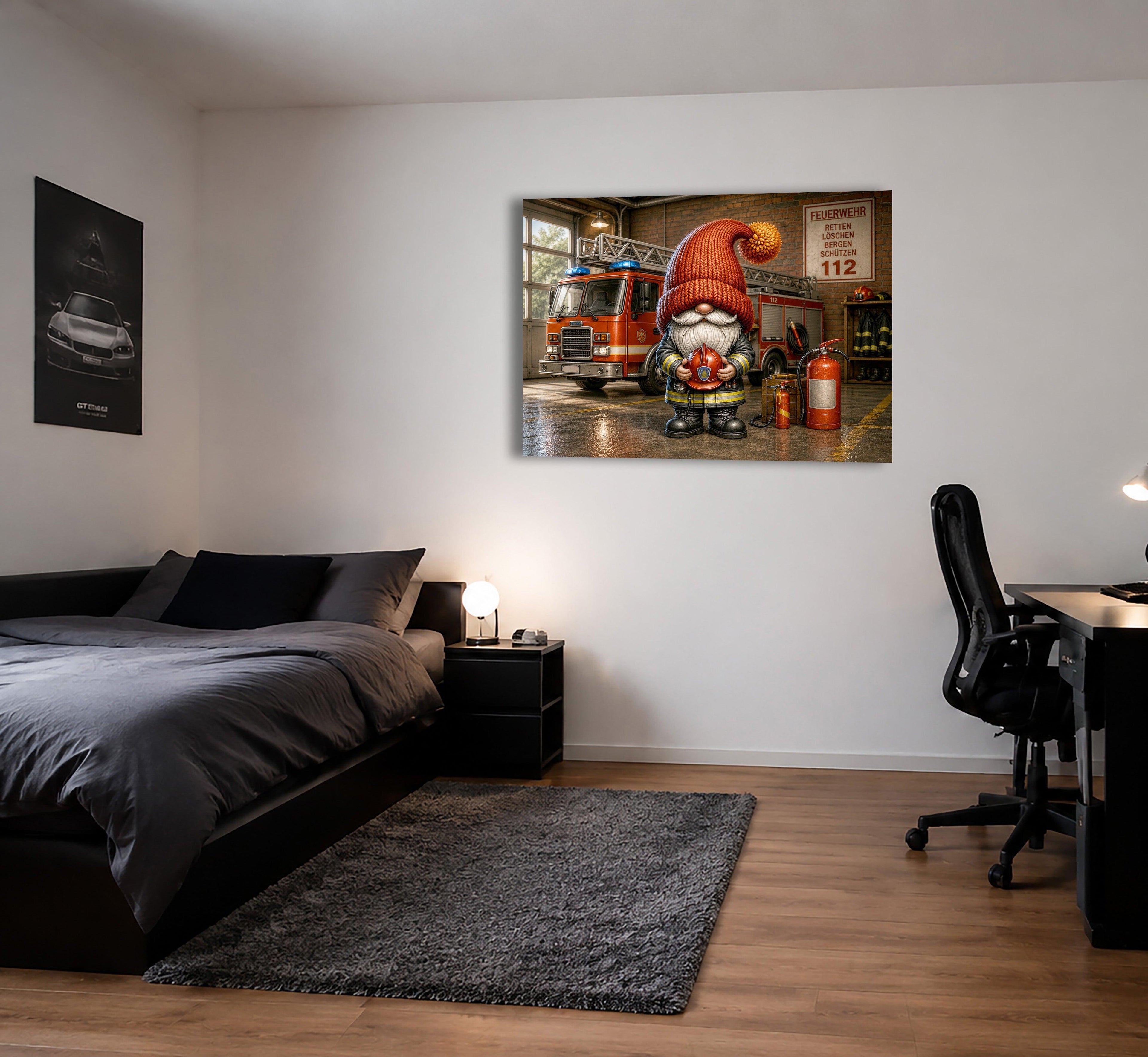 Feuerwehr Wichtel mit Helm in der Feuerwache Kunstdruck auf Leinwand