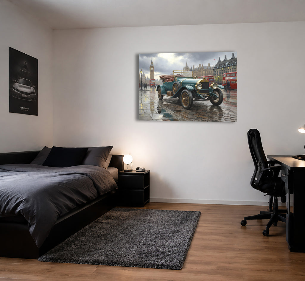 Wandbild Oldtimer Roter Cabriolet Art Déco Paris Eiffelturm Abendlicht Kunstdruck auf Leinwand
