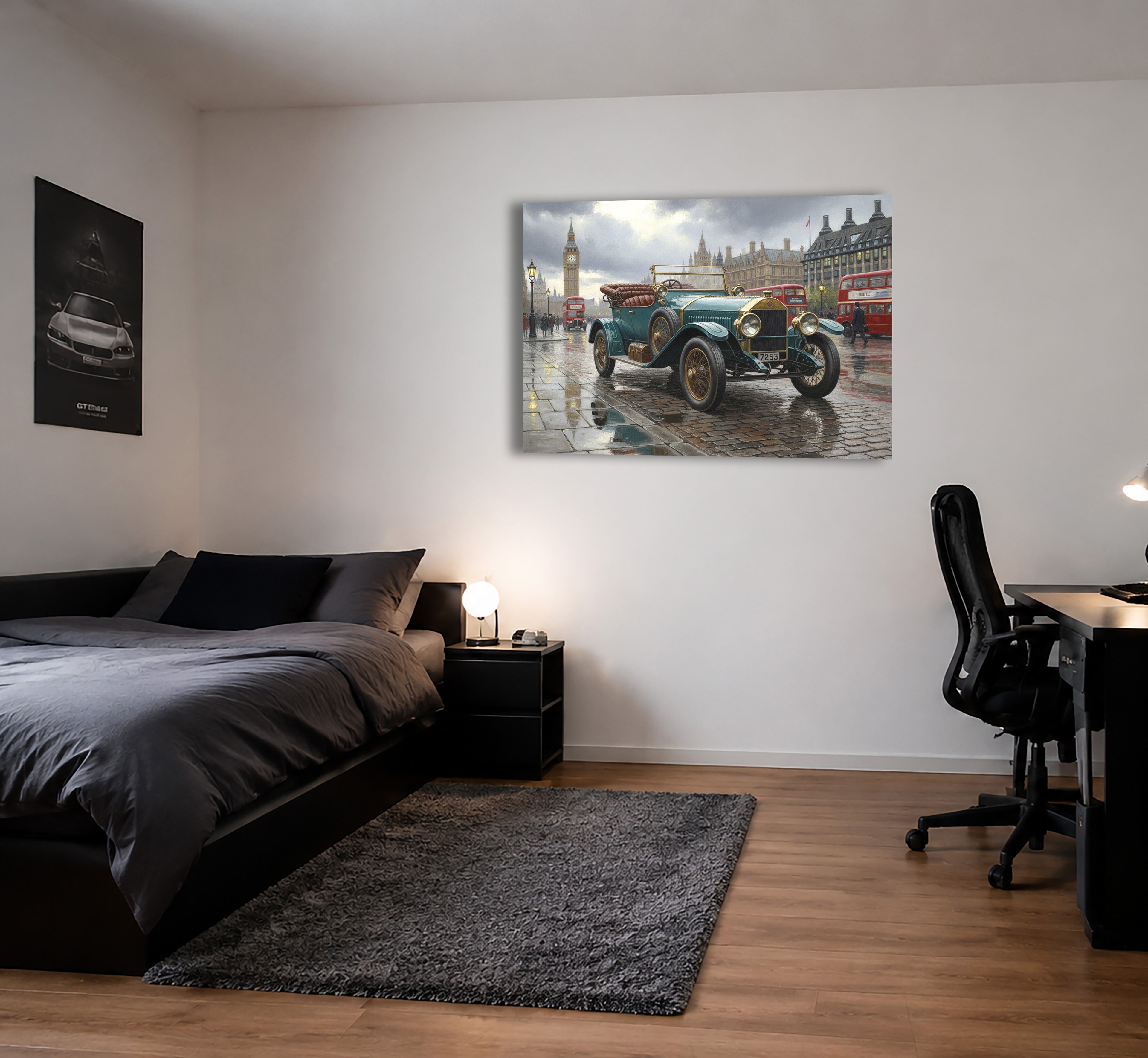 Wandbild Oldtimer Roter Cabriolet Art Déco Paris Eiffelturm Abendlicht Kunstdruck auf Leinwand