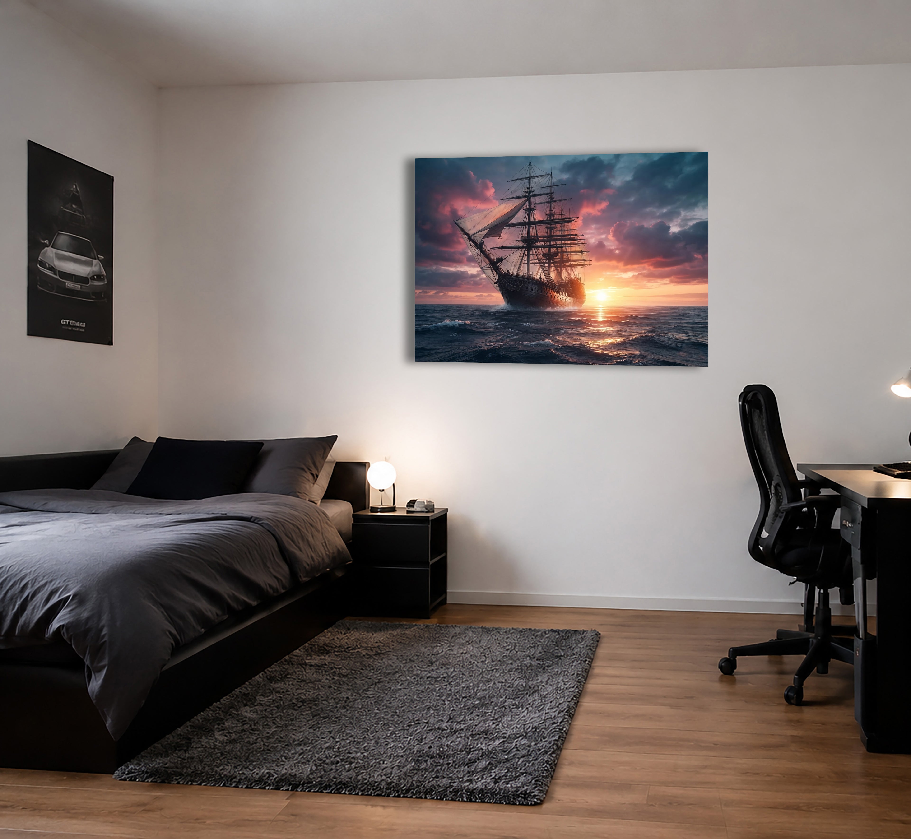 Wandbild Segelschiff Antik Vollschiff Sonnenuntergang Gegenlicht Dramatische Wolken Kunstdruck auf Leinwand